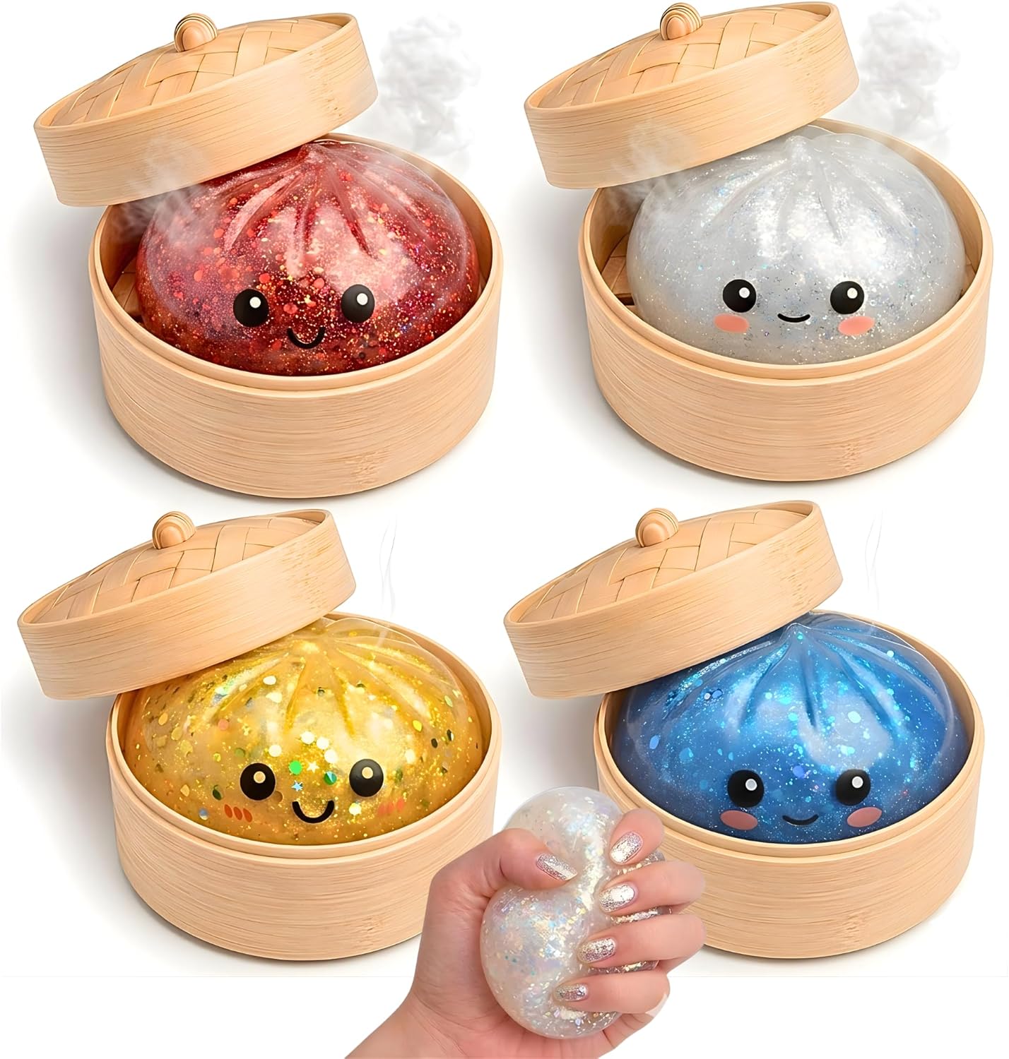 Glitter Dumpling Squishy Mystery Box - Smile Happy 4 PCS 2026 Upgraded Dumplings Squishes for Adults Teens Squeeze Silver Gold Red Blue Stuff Supplies