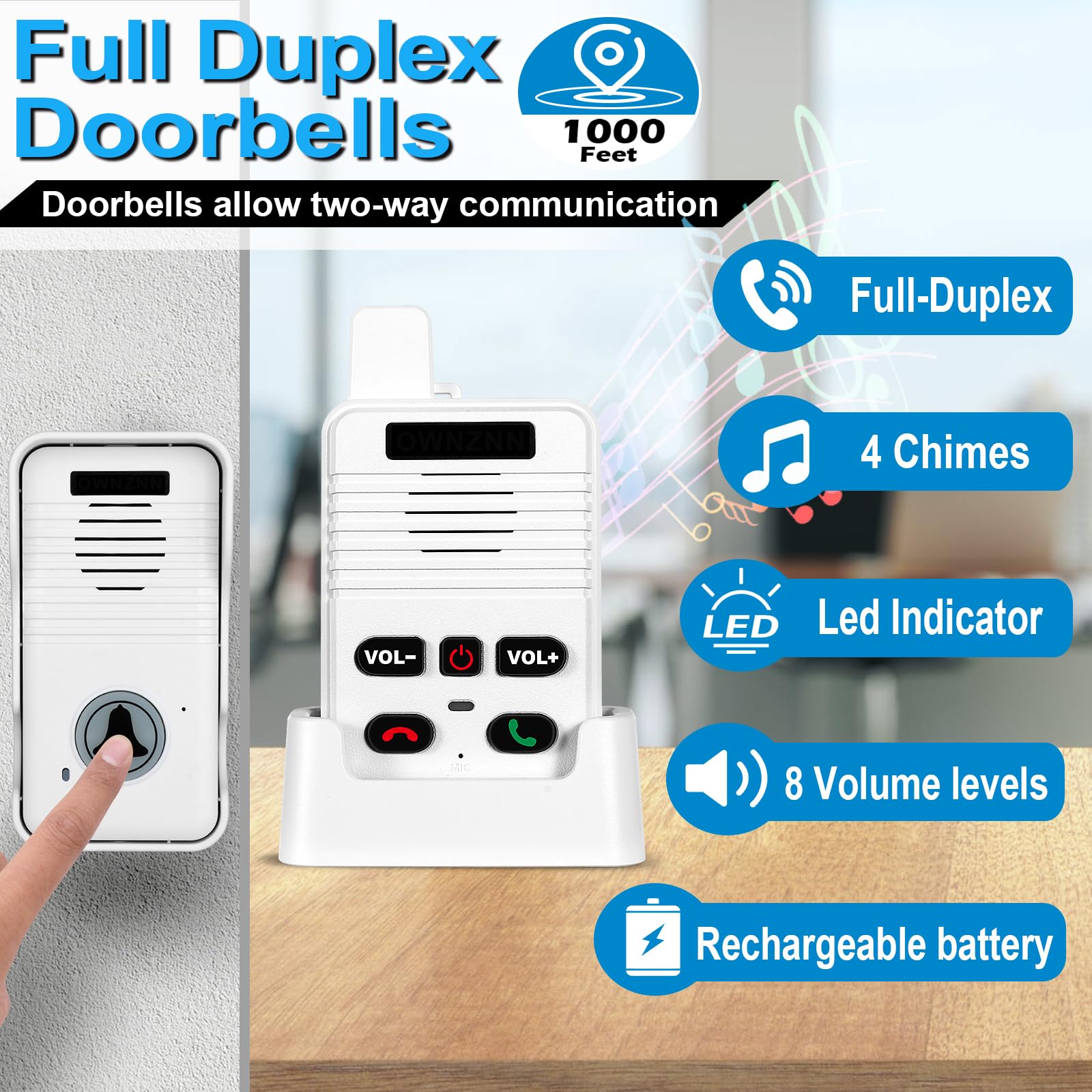 Kabelloses Türklingelsystem und Vollduplex-Gegensprechanlage, freihändig, wasserdichte Türklingel für Zuhause/Büro, 305 m Reichweite, 8 Lautstärkestufen, 4 Klingeltöne, einfache Installation (2