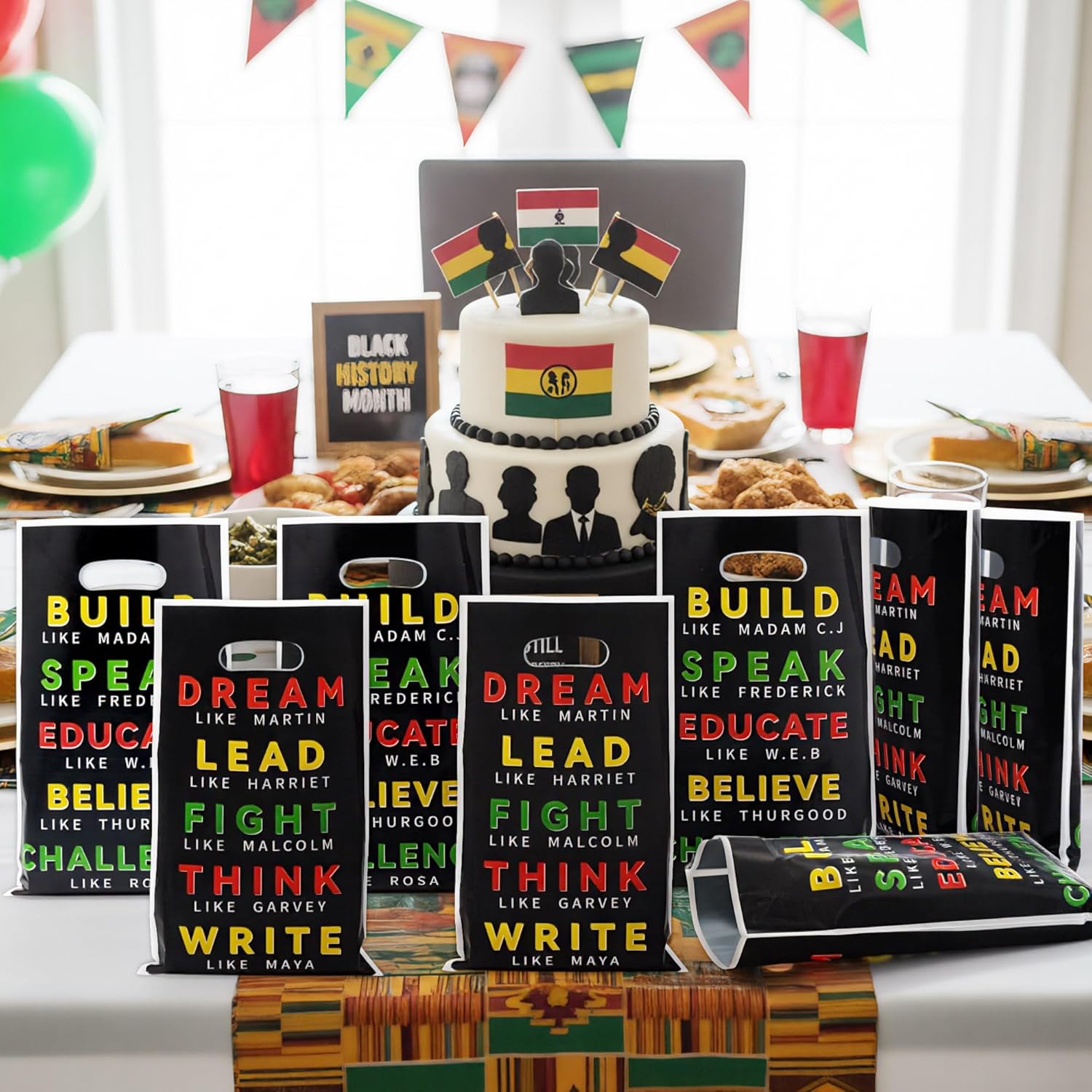 Andi Cppss Black History Party Favor Bags - 50PCS Black History Month Gift Bags with Handle Plastic Goodie Bags for Freedom Day African American Party Decor Treat Bag for Red Yellow Green Party Favors - Image 4