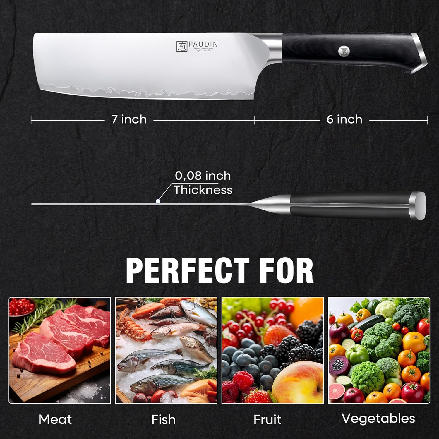 PAUDIN Nakiri Knife 7 Inch, High Carbon Stainless Steel Chef Knife, Ultra Sharp Asian Kitchen Knife for Meat and Vegetable, Chopping Knife with Ergonomic Wooden Handle - Image 6
