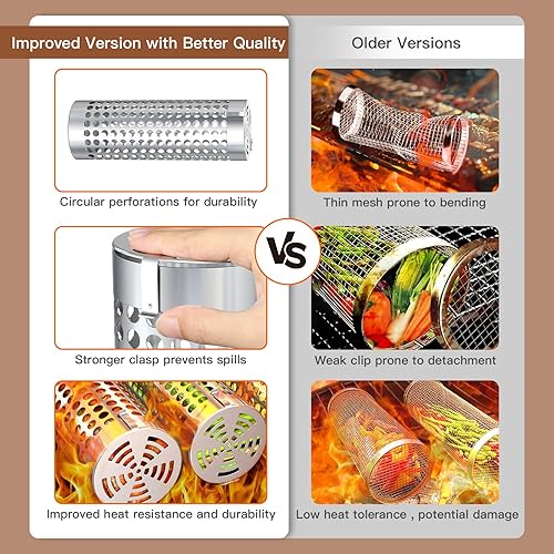 Miniatura 3 de SBMKK Cestas de parrilla rodantes para parrilla al aire libre, cestas redondas de barbacoa para verduras, accesorios de parrilla de verduras de