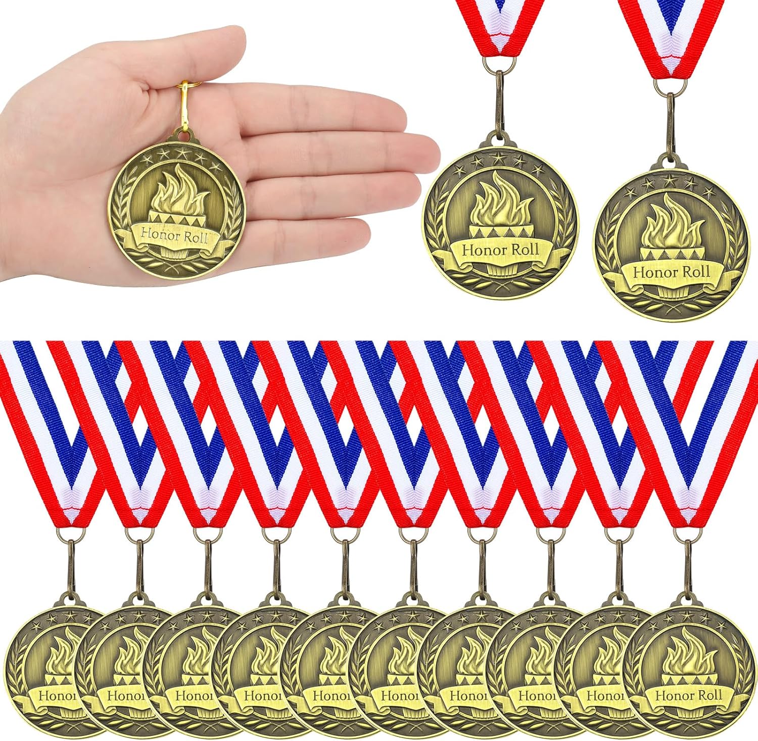 Honor Roll Award Medals with Neck Ribbons 2'' Bronze Metal 3D Trophy Prize Gift for Reading Succeed Participation Graduation Scholastic Tournaments Sports Honor