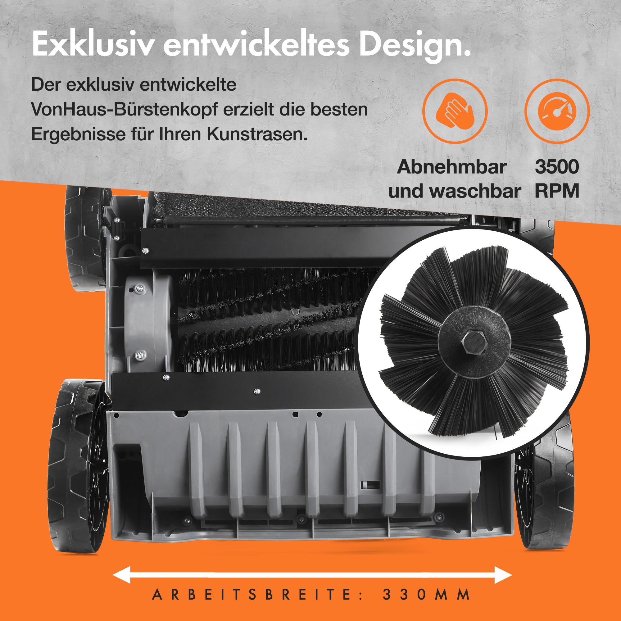 VonHaus Kunstrasenbürste 1500W, Laubsammler für Kunstrasen, Elektrische Kunstrasen Kehrmaschine Reiniger, 35 L Fangsack, 5 Einstellbare Höhen, 330 mm Arbeitsbreite, Klappbarer Handgriff
