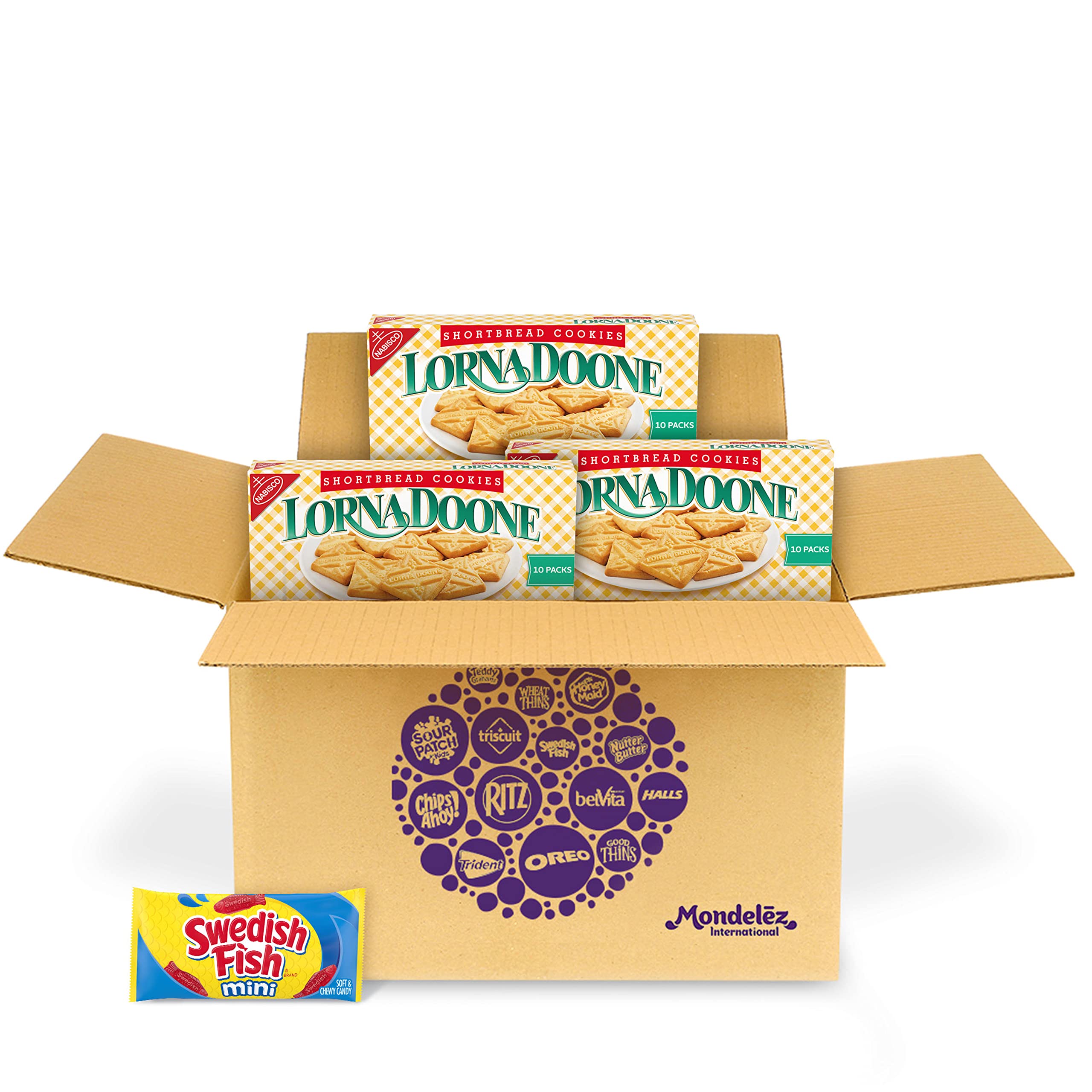 Lorna Doone Shortbread Cookies, 3-10 oz Boxes of 10 Snack Packs + Bonus SWEDISH FISH Mini Soft & Chewy Candy Snack Pack