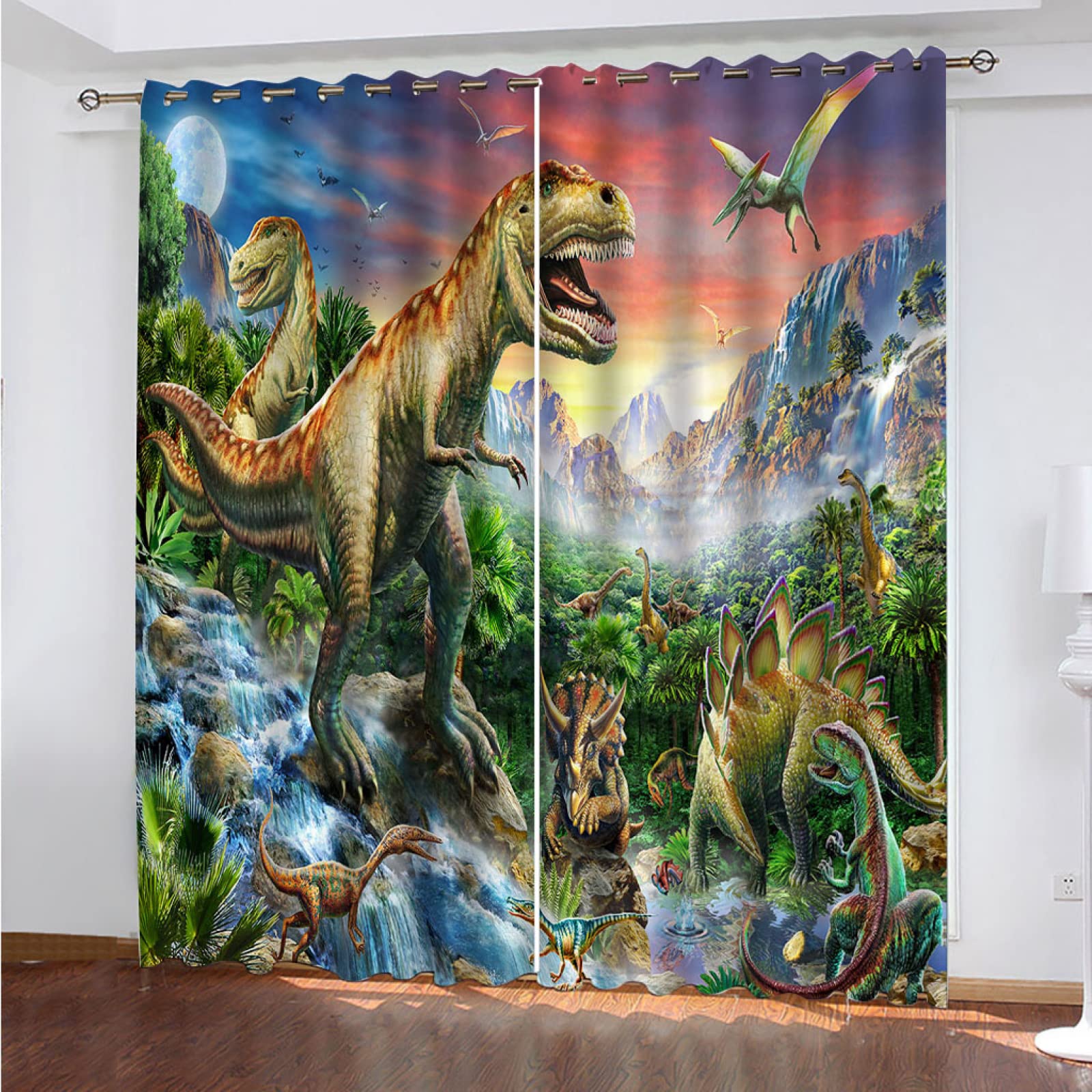 Rideaux Occultants Opaque à Oeillets Rideaux et Draperies Isolant Thermiques Anti Chaleur Chaud/Froid pour Fenêtre Enfant Adulte Chambre et Salon 2 Pièces x 132 L x 175 cm H Dinosaure