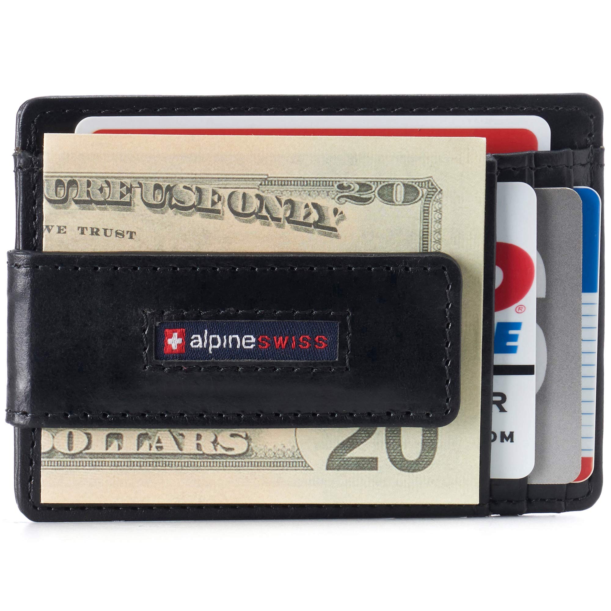 alpine swiss Harper Mens RFID Slim Front Pocket Wallet Magnetic Money Clip ID Card Holder Leather Glossy Nappa Black