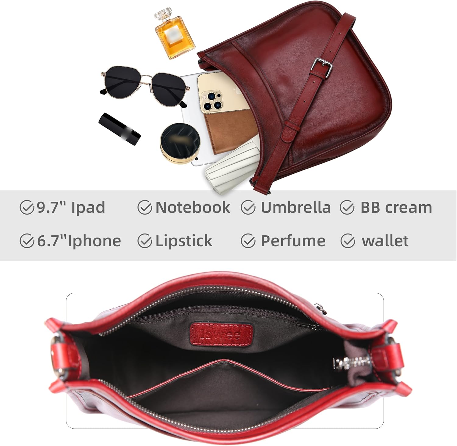 Iswee Crossbody Bags for Women Genuine Leather Purses Vintage Shoulder Handbags Travel Cross Body Bag with Boho Strap - Image 5