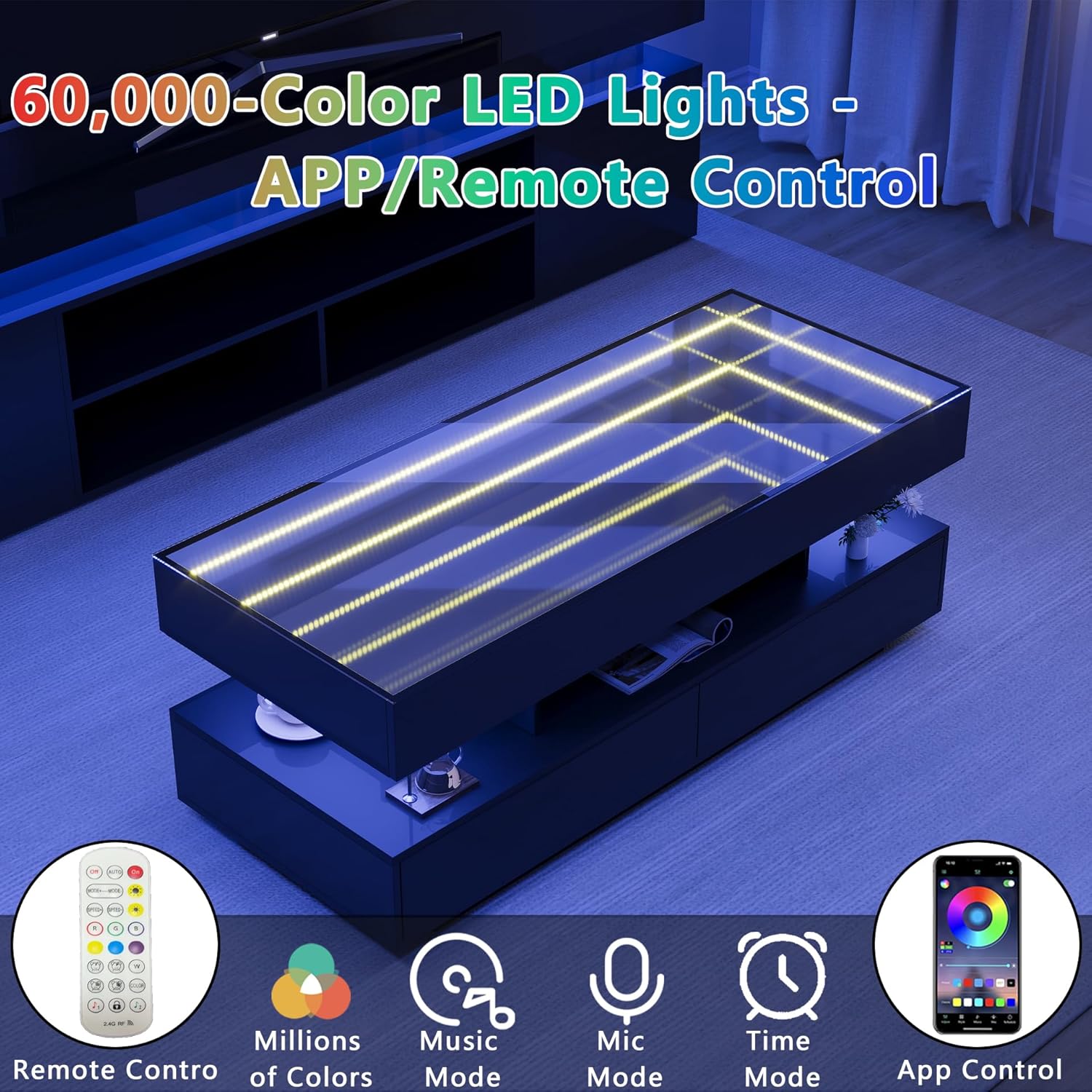 47.2" Large High Glossy LED Coffee Table with 2 Storage, Endless Depth Modern Center Table with Open Shelf, Mirror Coffee Table for Living Room, Black
