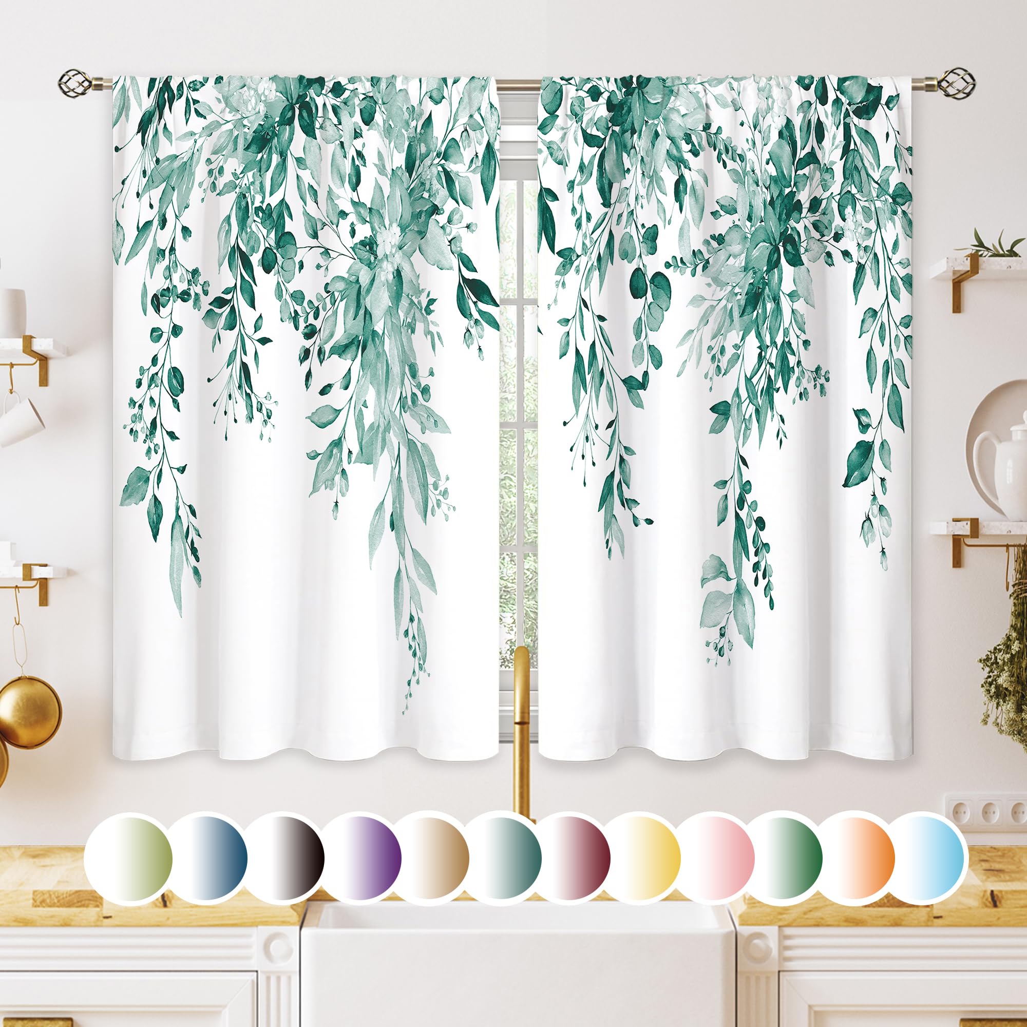 oolygoo Eucalyptus Botanical Leaves Teal Floral Kitchen Window Curtains Over Sink Farmhouse Flower Leaf Small Window Treatment Cafe Short Curtains for Bathroom Treatment Tier Drapes 27.5x39inch — image 1