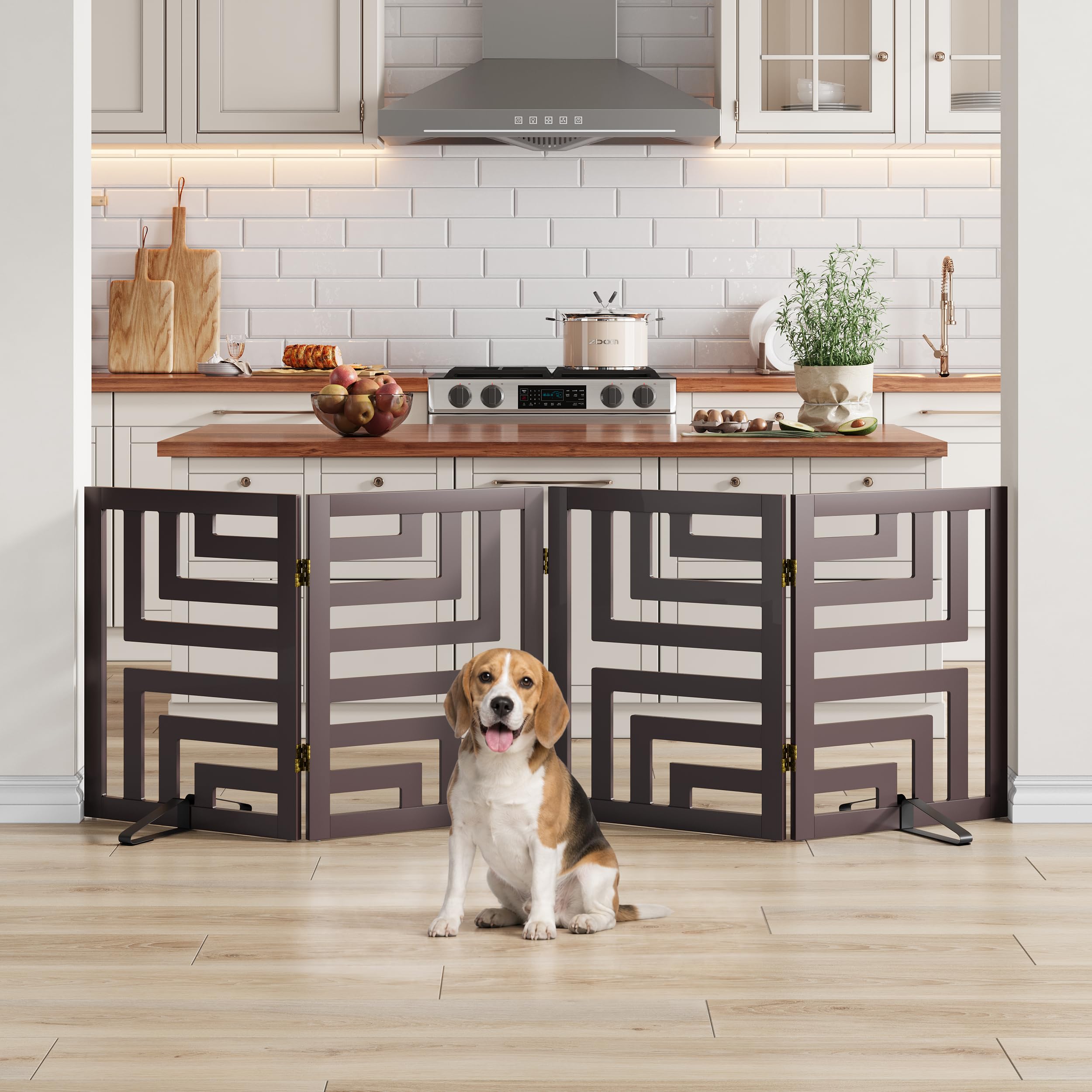 Dog Gate, Angled Design Freestanding Dog Gates for Doorways 4 Panels (brown)