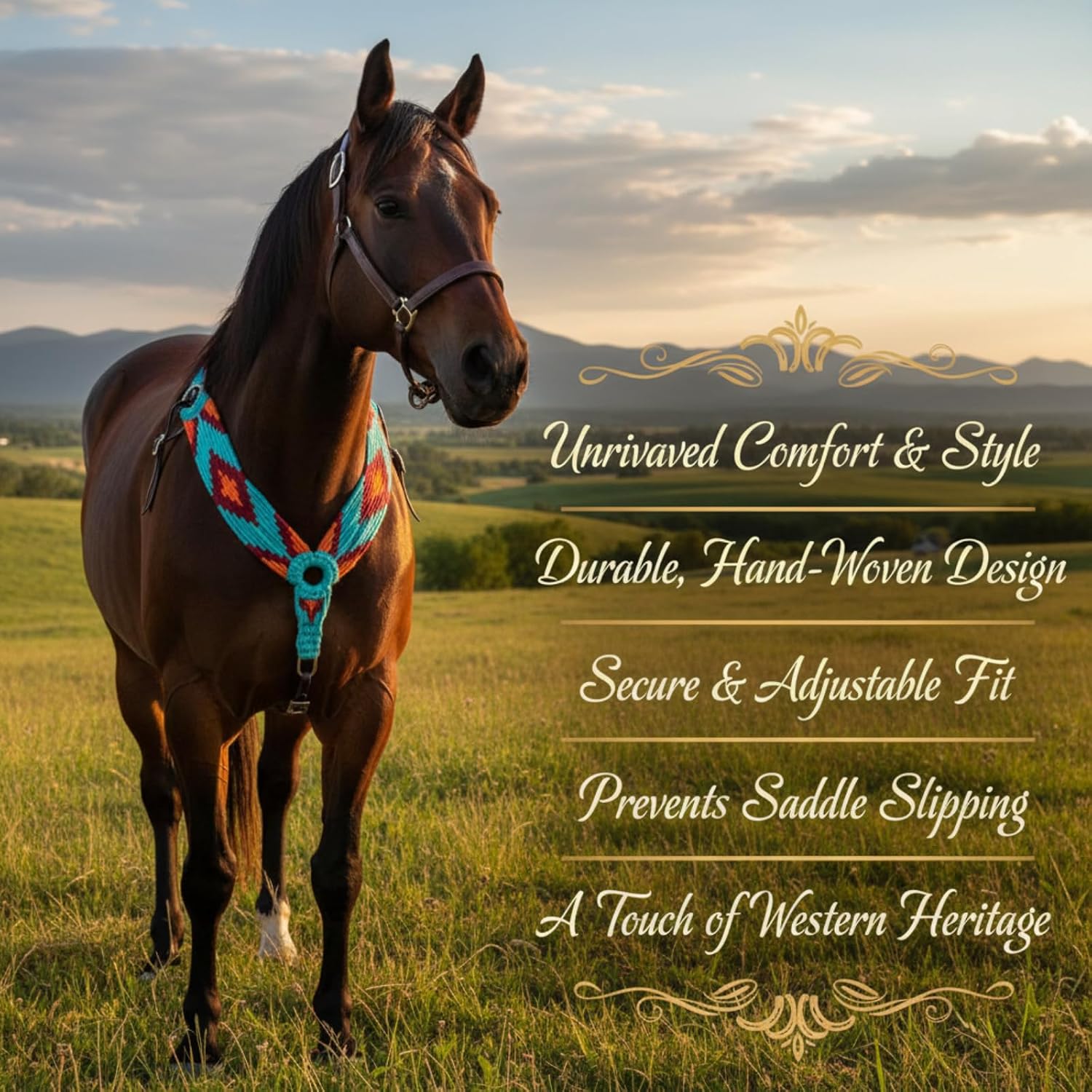 Handwoven Mohair Horse Breast Collar, Pure Wool Western Breastcollar with Geometric Pattern, Durable Leather Straps & Hardware, Comfortable Tack for Riding and Training