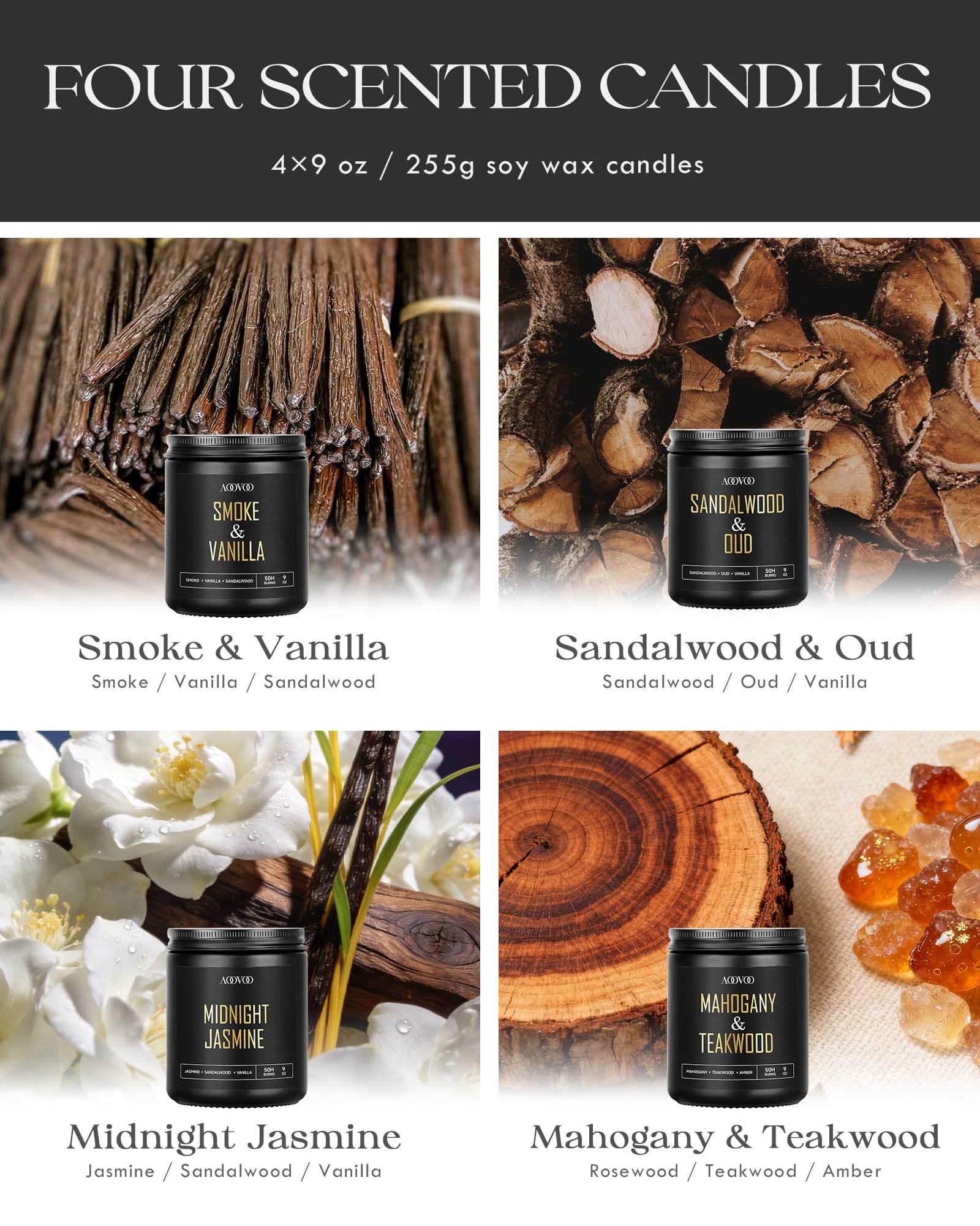 AOOVOO Scented Candles for Men - 4 Pack Candles for Home Scented, 36oz Soy Wax, — product photo