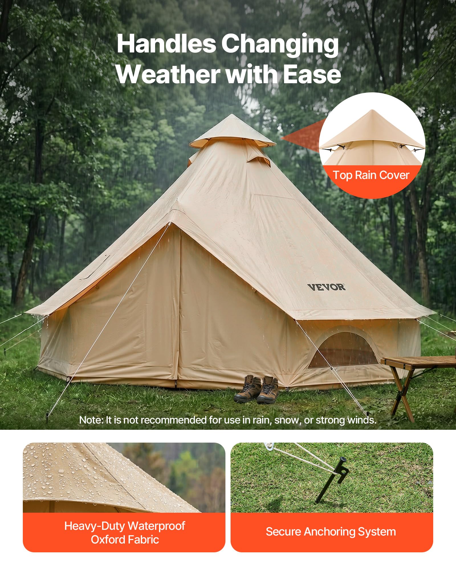 VEVOR Oxford Glockenzelt, 5 m Jurte, 4 Jahreszeiten, mit Ofenrohrdurchführung, bis zu 7 Personen, mit Abnehmbarem Boden (Reißverschluss), Ideal für Familien-Camping & Outdoor-Aktivitäten, Beige
