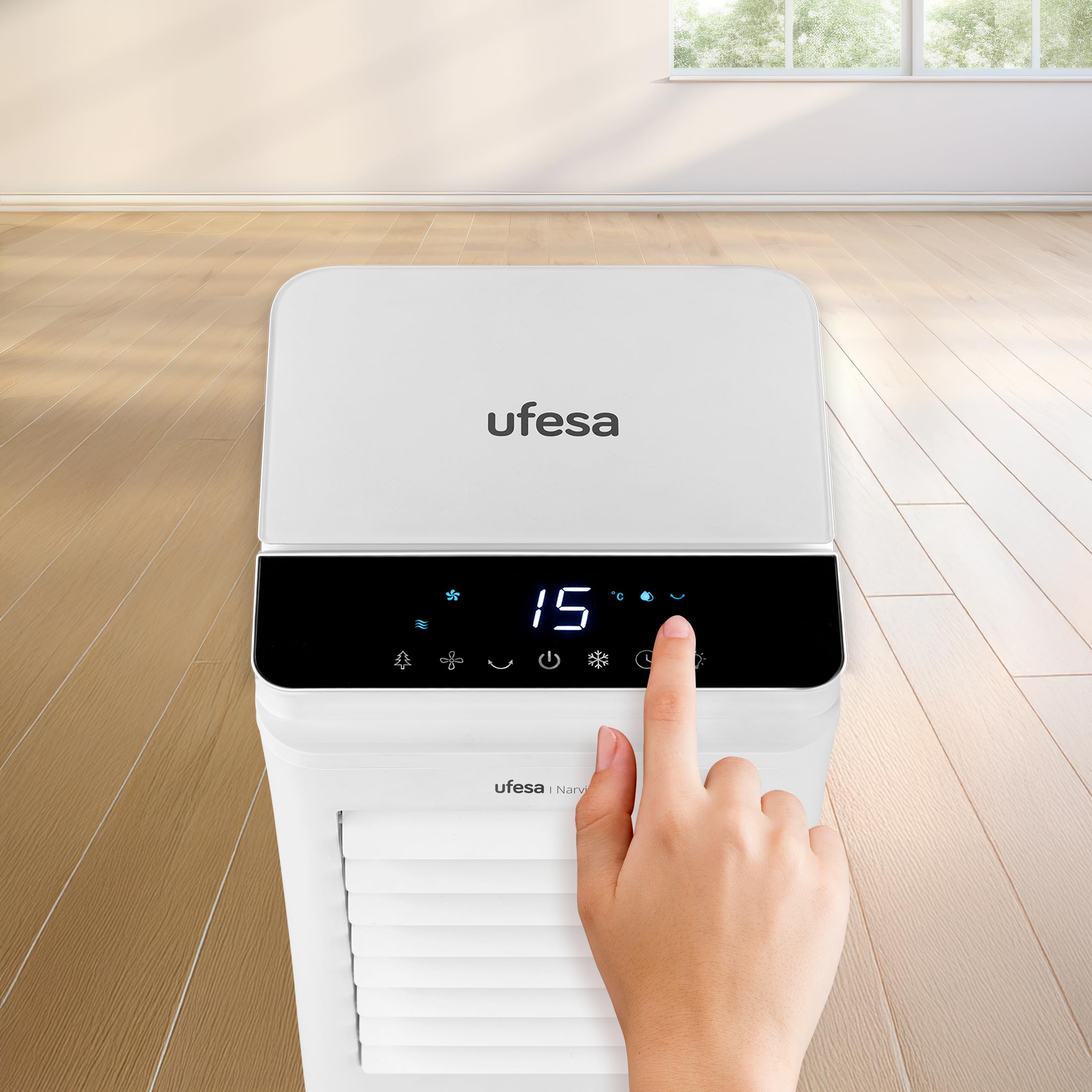 Ufesa Narvik chłodnica parowa, 65 W, funkcja chłodzenia i wentylator, 3 prędkości, 3 tryby, panel dotykowy, zbiornik na wodę 5 l, timer 12 h, filtr nadający się do prania, 2 akumulatory chłodzące