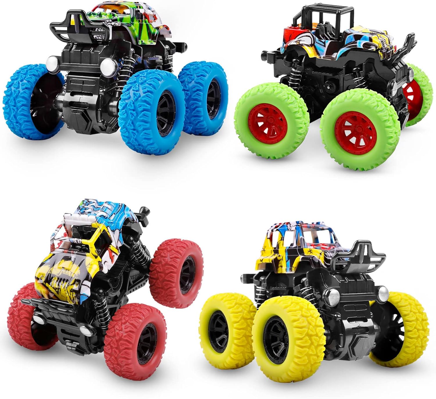 M SANMERSEN Monster Truck Toys for Ages 2-4, Friction Cars for Toddlers 1-3 Push and Go 360° Rotating Stunt Car for 2+ Year Old Boys Girls Gifts (2 Pack - Blue and Green)