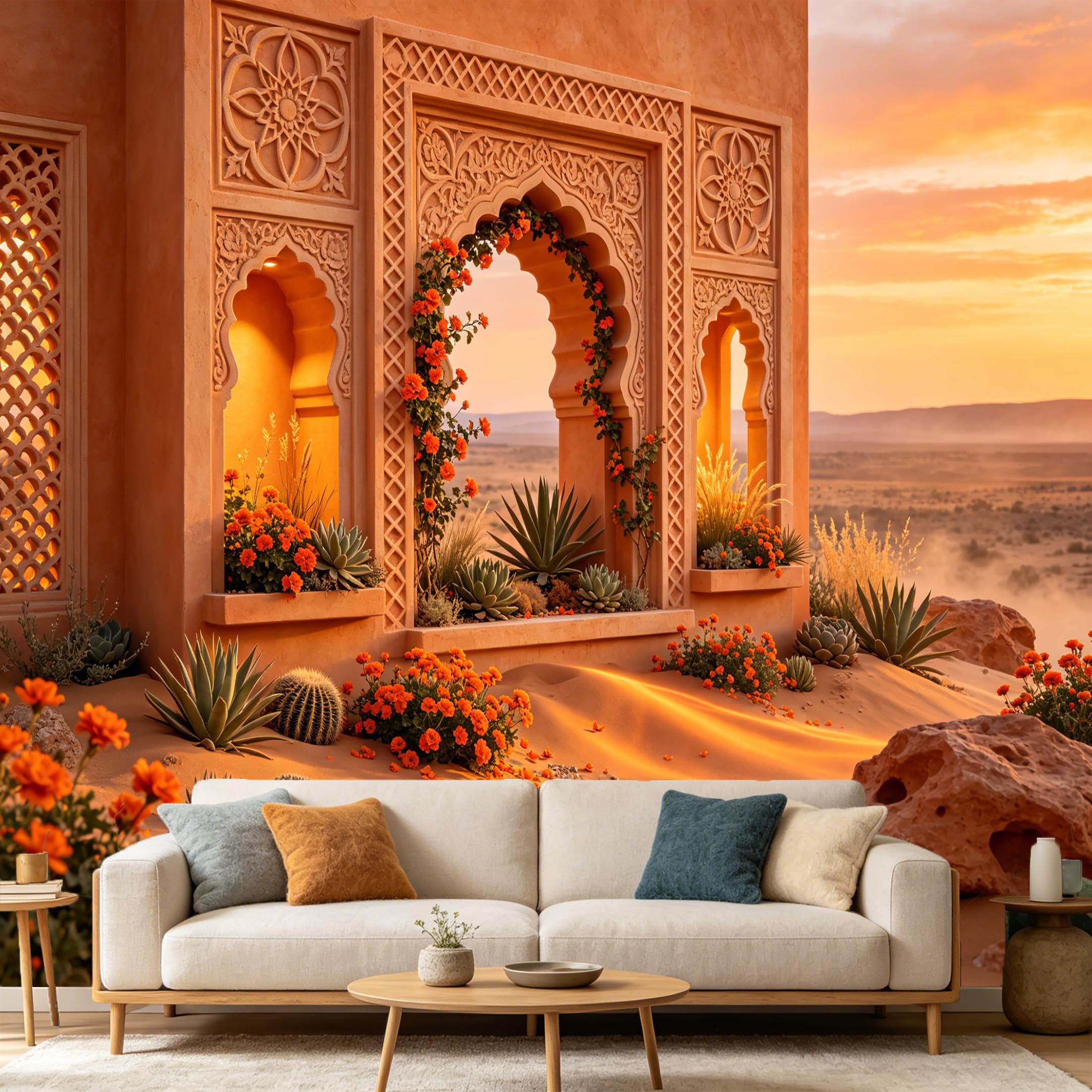 Custom Size Wall Mural， Moroccan Arch Desert Landscape Cactus Flowers Sunset， SelfAdhesive Art Prints wall Fabric Removable Large Wallpaper Home Living Room Decor