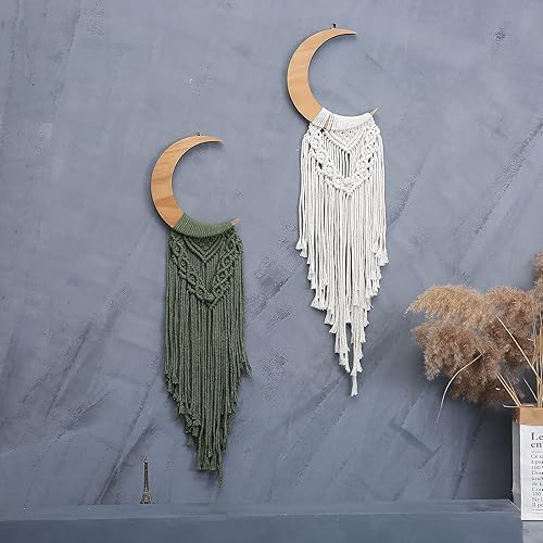 Miniatura 10 de macramé para colgar en la pared decoración de luna bohemia adorno de madera de luna creciente bohemio con borla larga tapiz de madera único hecho a