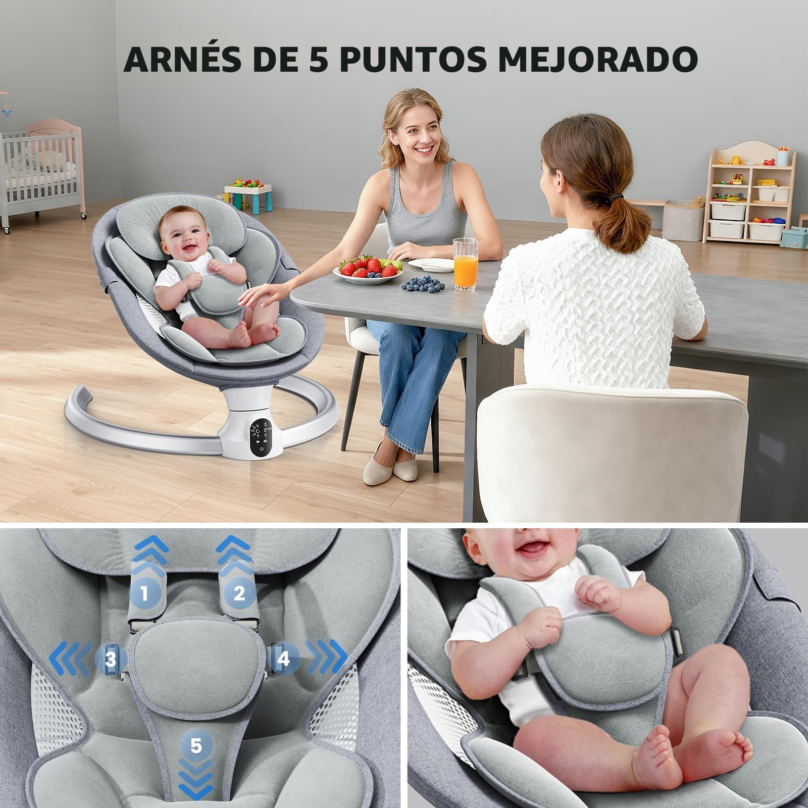 Hamaca para Bebé, Arnés Actualizado de 5-Puntos Eléctrica Silla Mecedora para 0-9 kg de Bebé, App y Control Remoto Hamaca Bebe con 3 Temporizadores, 5Velocidades de Columpio y Melodias Gris