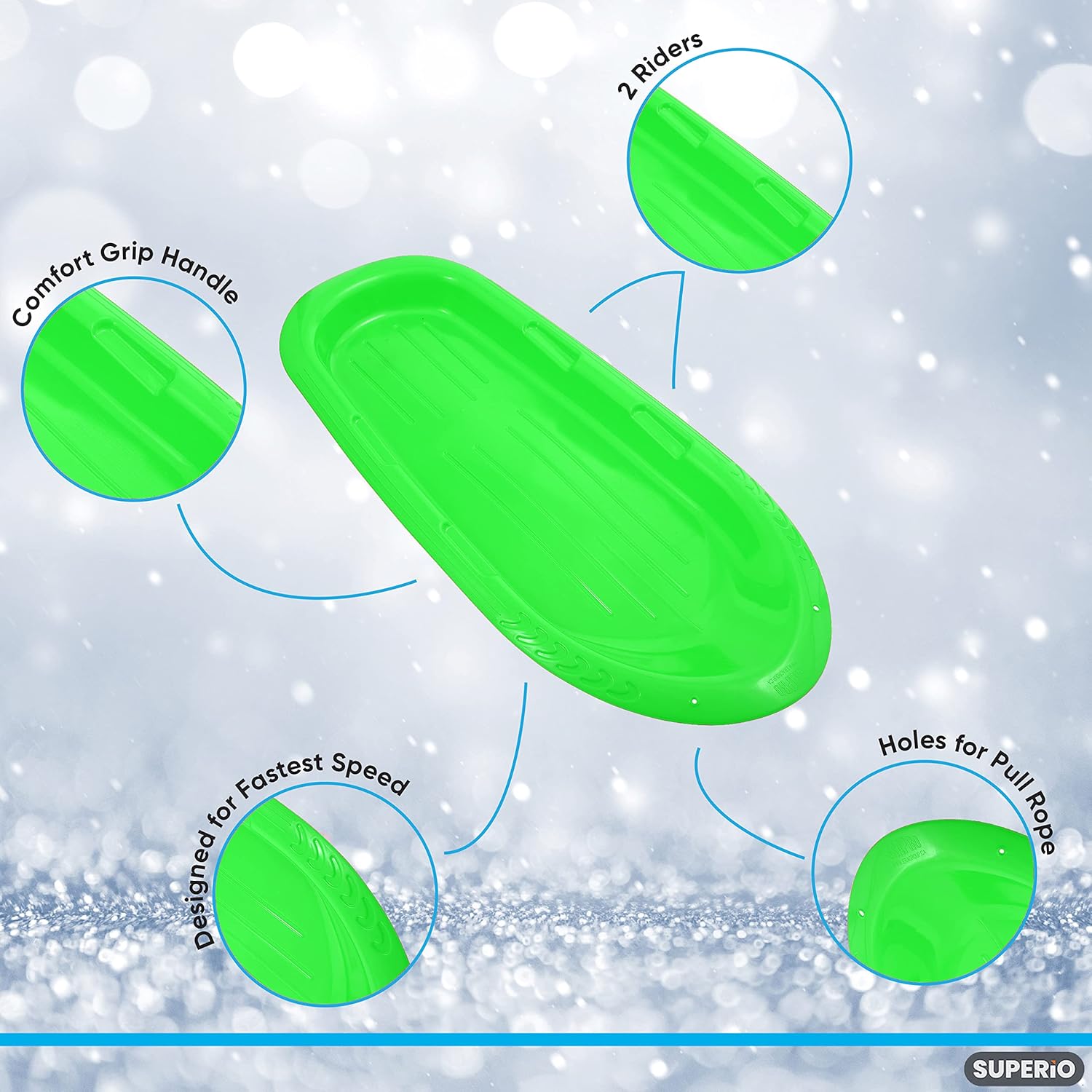 Superio Toboggan Snow Sled for Kids and Adults, Heavy Duty Plastic Slider with Handles and Hole for Pull Ropes- Kid and Adult Winter Fun