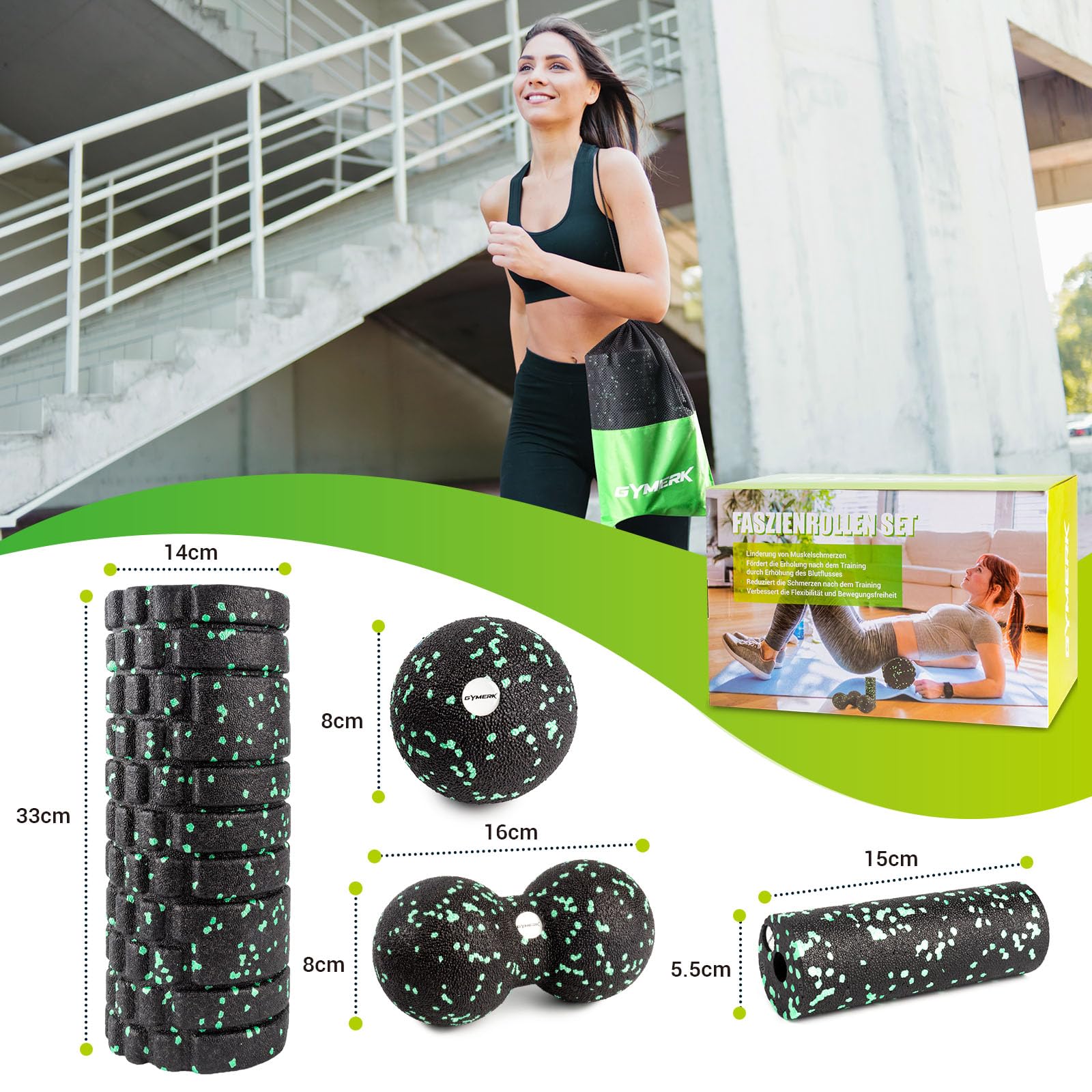 Faszienrolle Set mit 3D-Texturmassage, Enthält Anweisungen und Poster in Deutscher Sprache Tragetasche, Faszien Set mit Faszienball Faszienrolle Klein Duoball