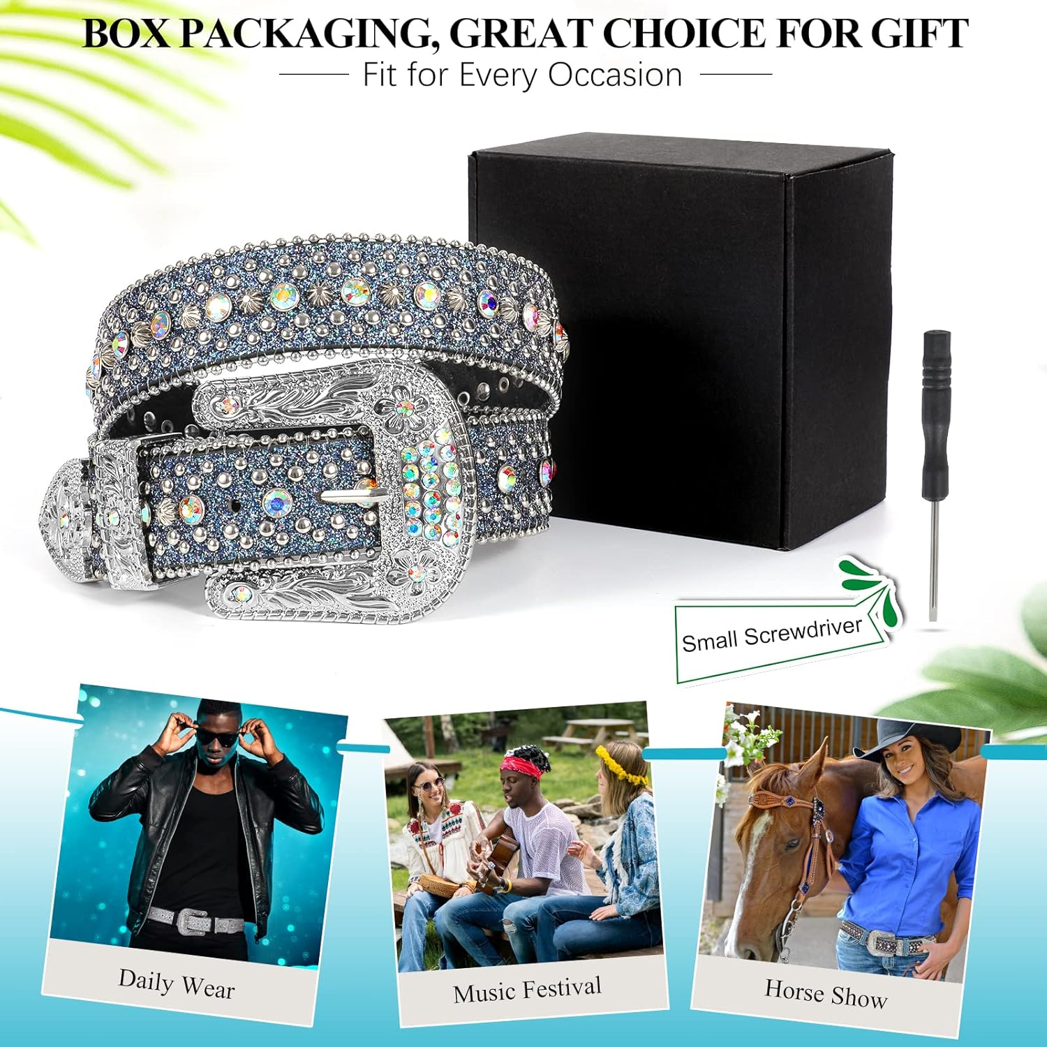 SUOSDEY Men Women Rhinestone Belt Western Cowboy Cowgirl Shine Crystal Diamond Studded Luxury Strap Belts - Image 7