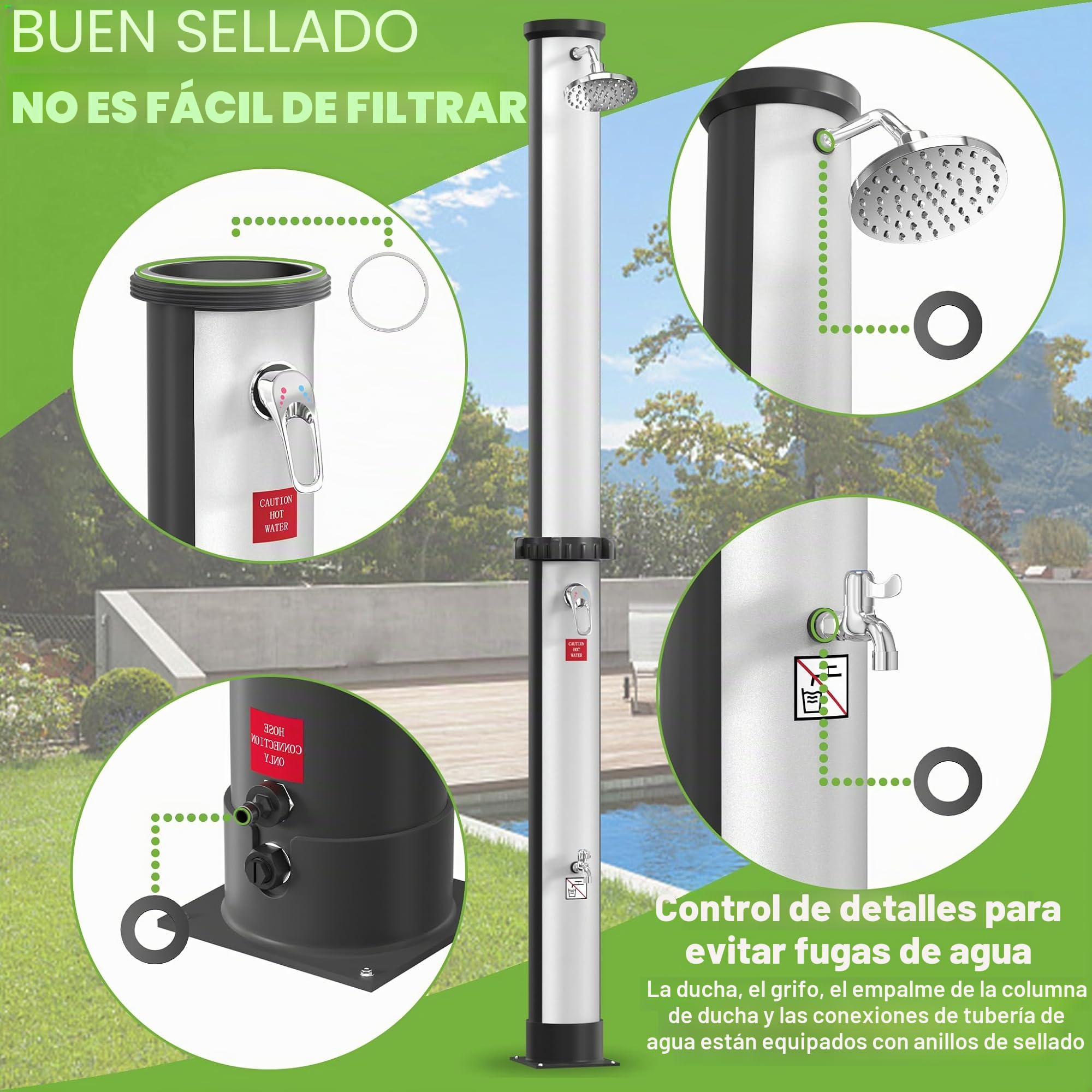 UISEBRT Ducha solar 35 litros - Ducha de jardín Agua caliente solar , Ducha exterior Ducha de piscina Camping incl. grifo Ducha Conexión para manguera de jardín (Negro+Plata)