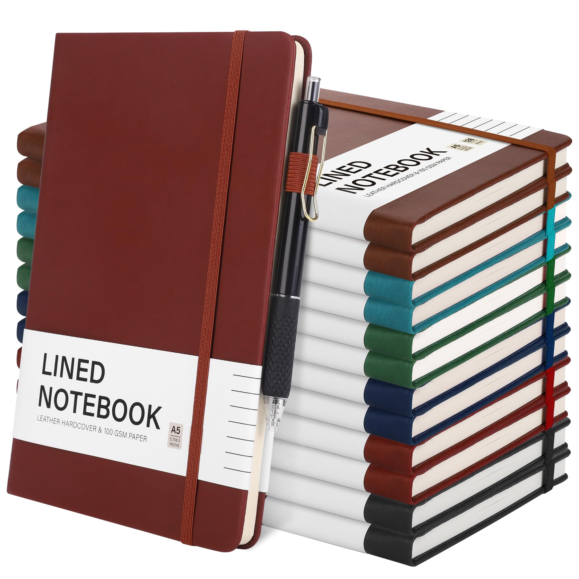 Aodaer 12 Set Lined Notebook Journals with Pens A5 Notebooks 100 GSM College Ruled Hardcover Notebook PU Leather Notepad with Pen Holder for Office