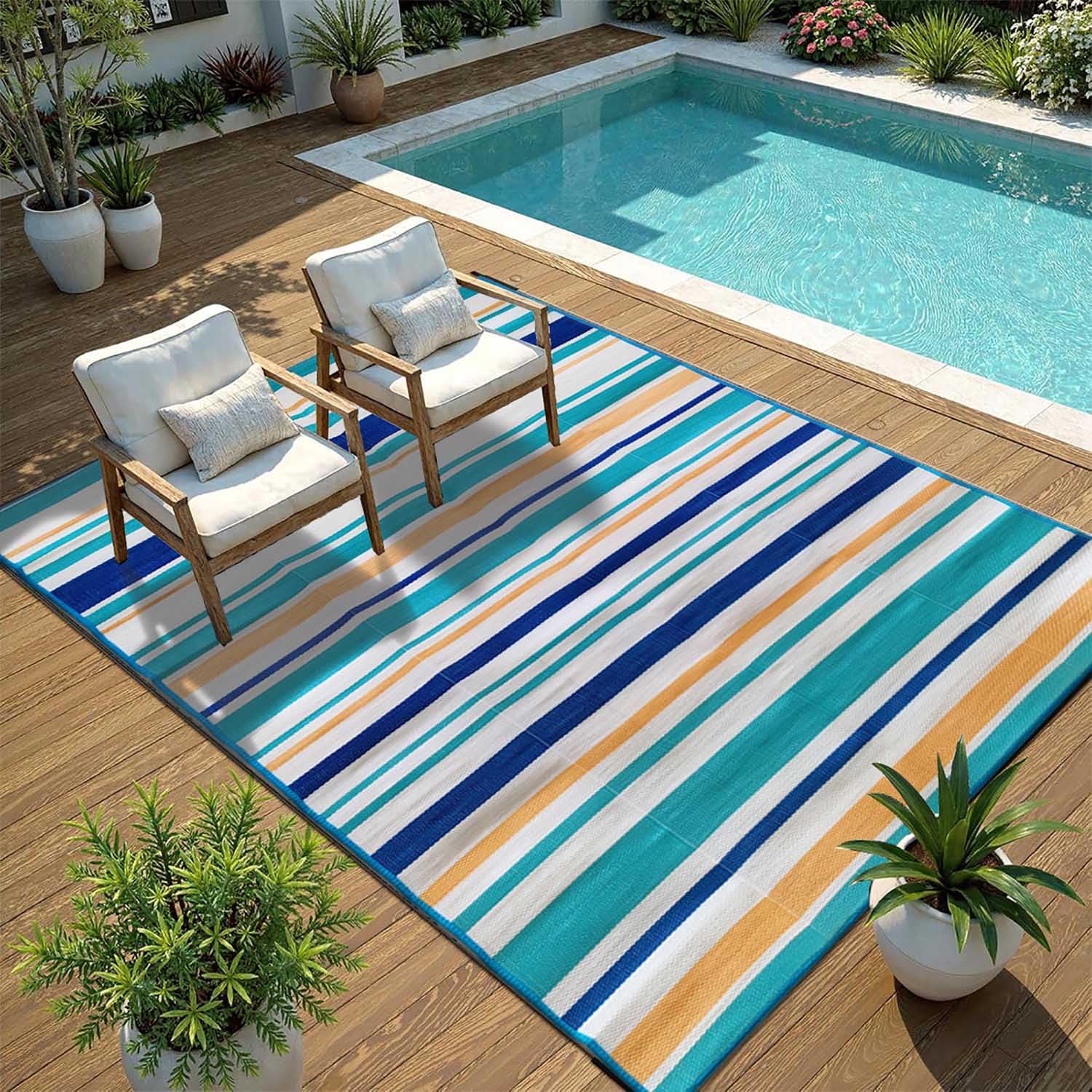 Dywany Balkonowe 150x240cm Niebieski Paskowy Odwracalny Dywan Patio Zewnętrzny Wodoodporny Plastikowy Dywan Słomowy na Zewnątrz,Pokład,Veranda,Piknik,Kemping,Ogród,RV,Podwórko,Grill,Plaża