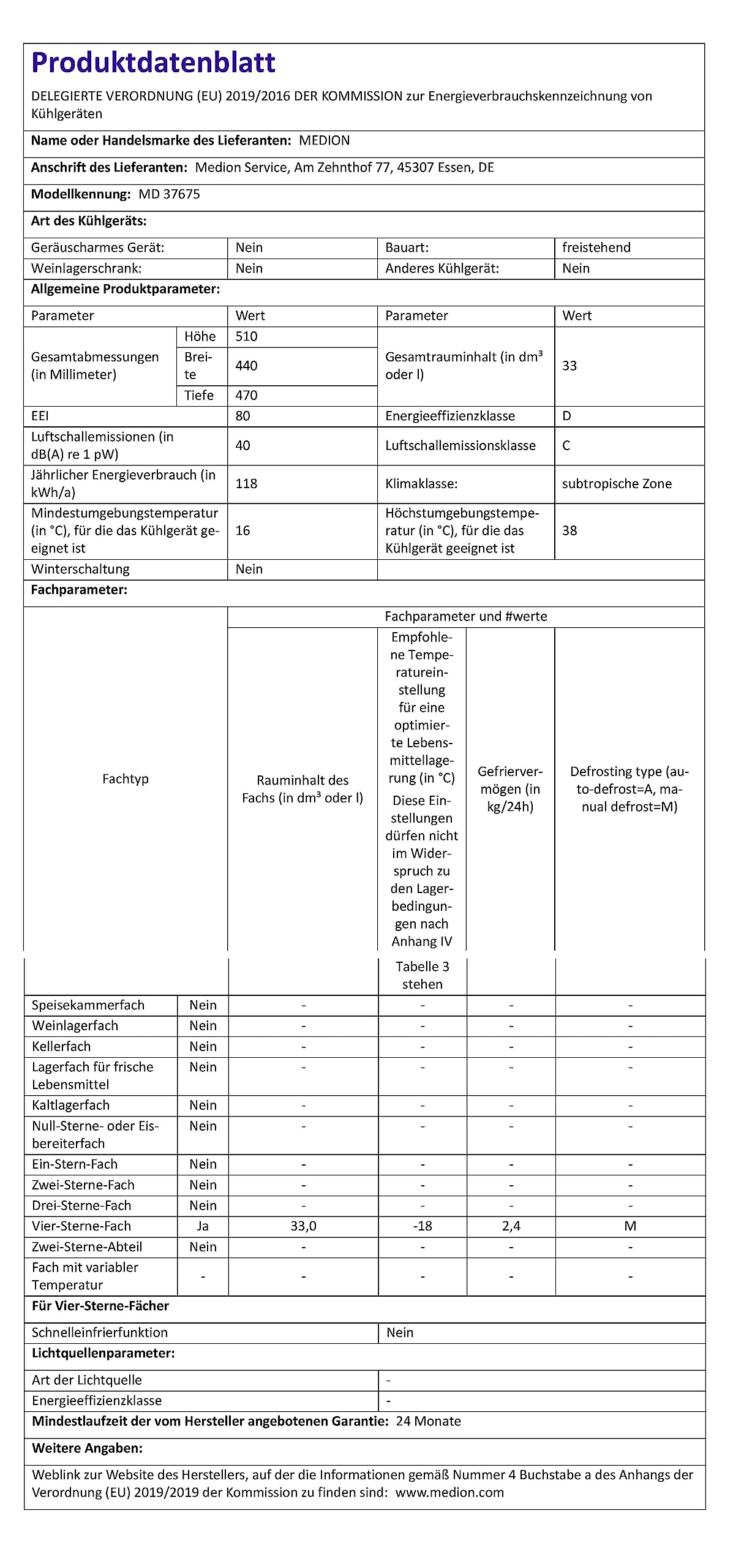 Mini congelatore MEDION (capacità 33 litri, altezza 51 cm, piedini regolabili in altezza, maniglia incassata, impostazione manuale della temperatura, valutazione 4 stelle, MD37675)