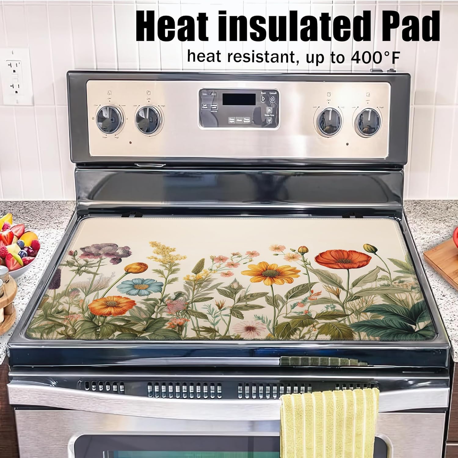 Wild Flowers Glass Top Stove Cover Protector,Rustic Floral Stove Top Covers for Electric Stove,Washable Heat Resistant Cooktop Mat Anti-Slip Range Covers, 28 x 20 Inch
