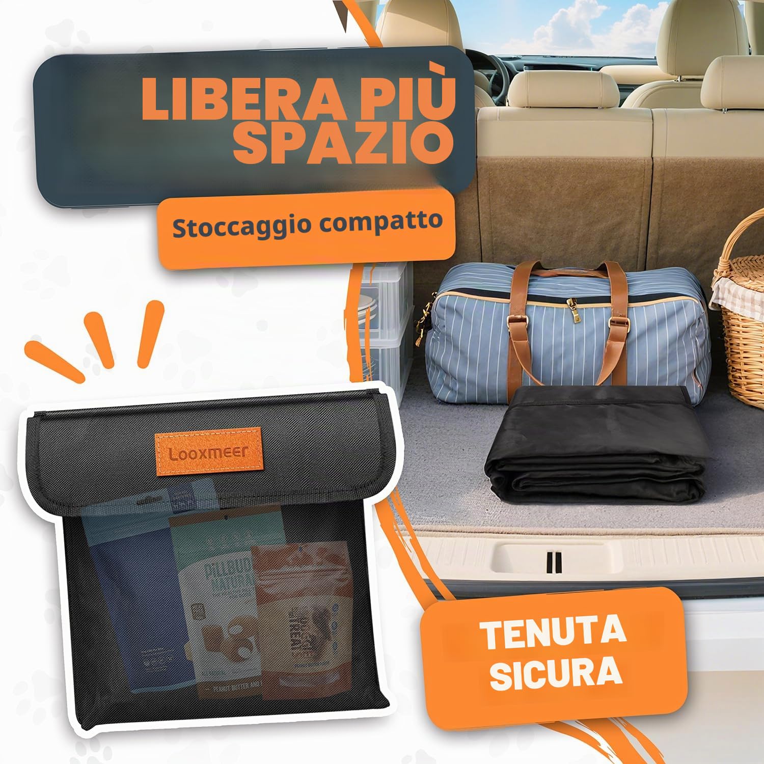 Protezione Bagagliaio Auto per Cani, Telo Auto per Cani con Tasca, Protezione Laterale e Paraurti, Impermeabile Antistrappo Antiscivolo, Universale per Auto, SUV, 183 x 104 cm, Nero(Leggero)