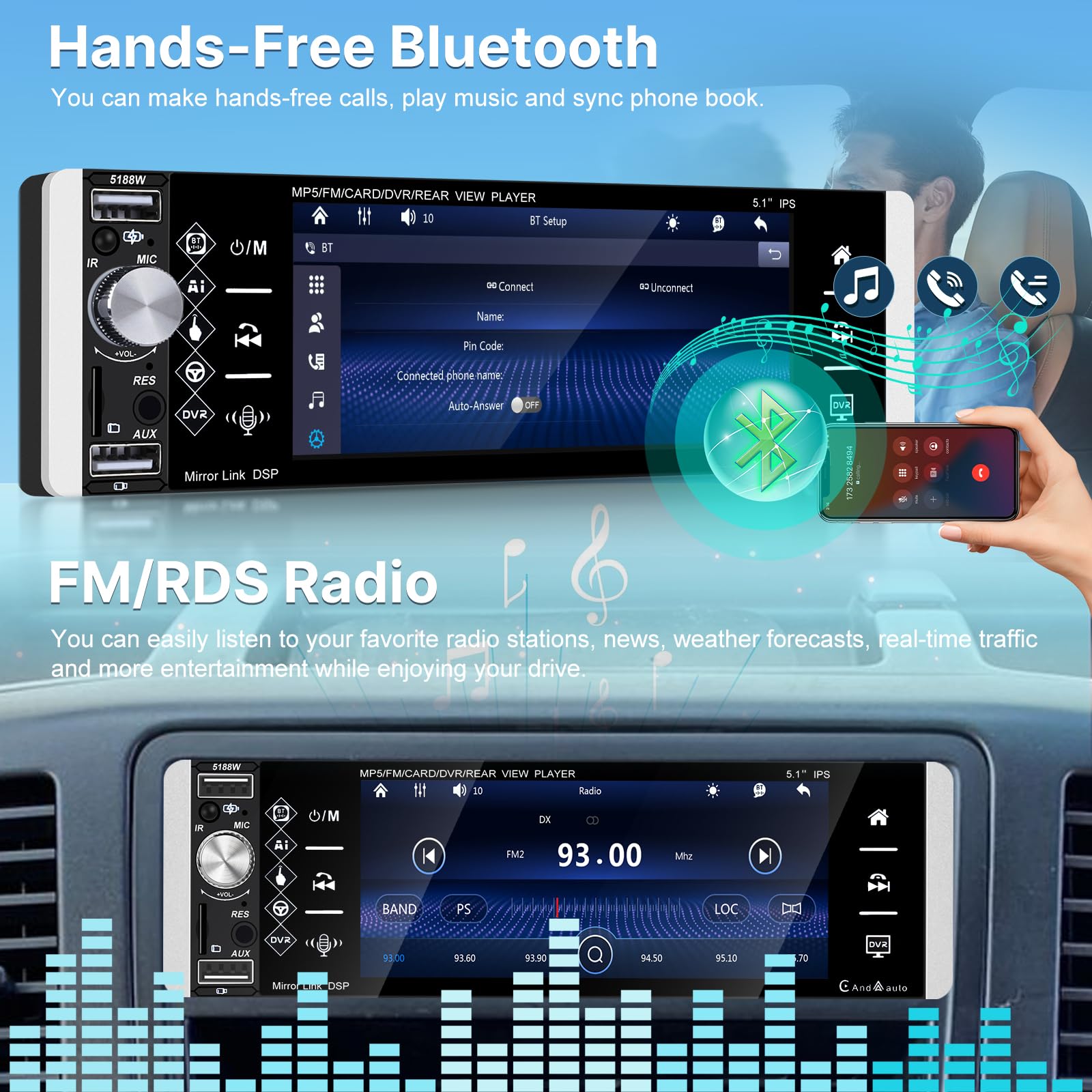 Autoradio 1 Din con Senza fili Carplay e Android Auto - Radio Bluetooth Touchscreen IPS da 5,1 Pollici con EQ, Mirror Link, Radio FM/AM/RDS, Bluetooth, Porta TF/AUX/USB, SWC + Telecamera di Backup