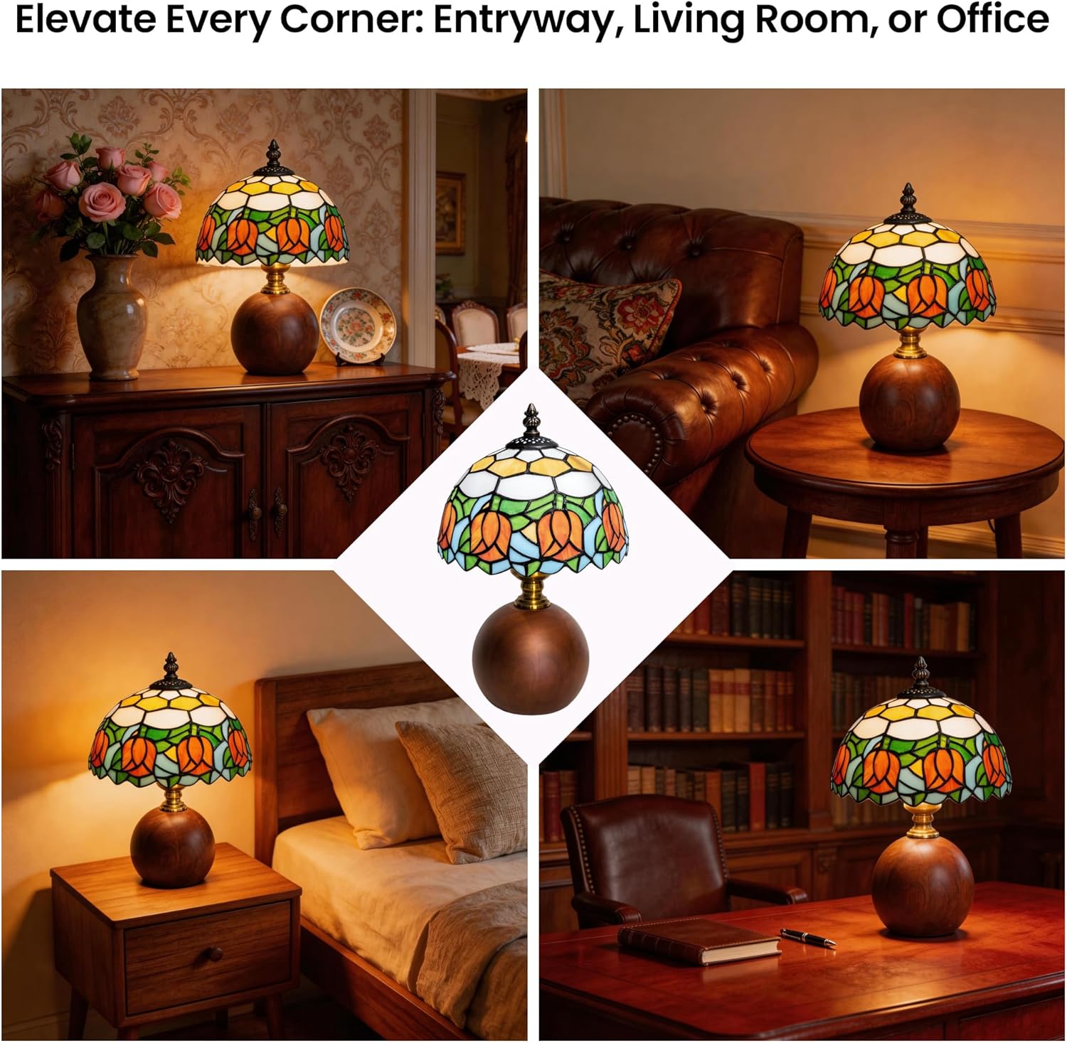 12.2" Tiffany Style Lamp, Handcrafted Stained Glass Table Lamp with Solid Wood Base, 3-Color Dimmable Bedside Lamp for Nightstand & Bedroom, Vintage Aesthetic Accent Light