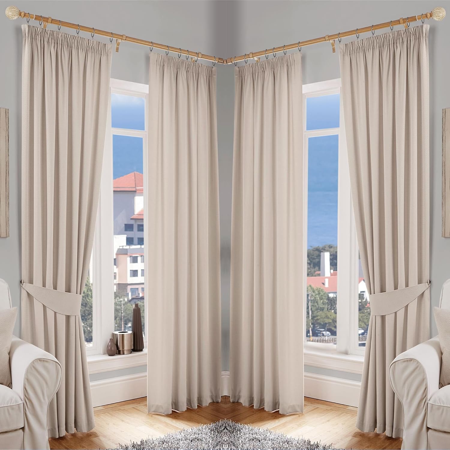 Bay Window Curtain Rods with Aluminum Brackets and Imitation Wood Grain Leaf Pattern Finials,1 Inch Curved Curtain Rods for Windows 36-72 & 36-72 Inch,Telescoping Wood Curtain Rod,Brown Wood Grain