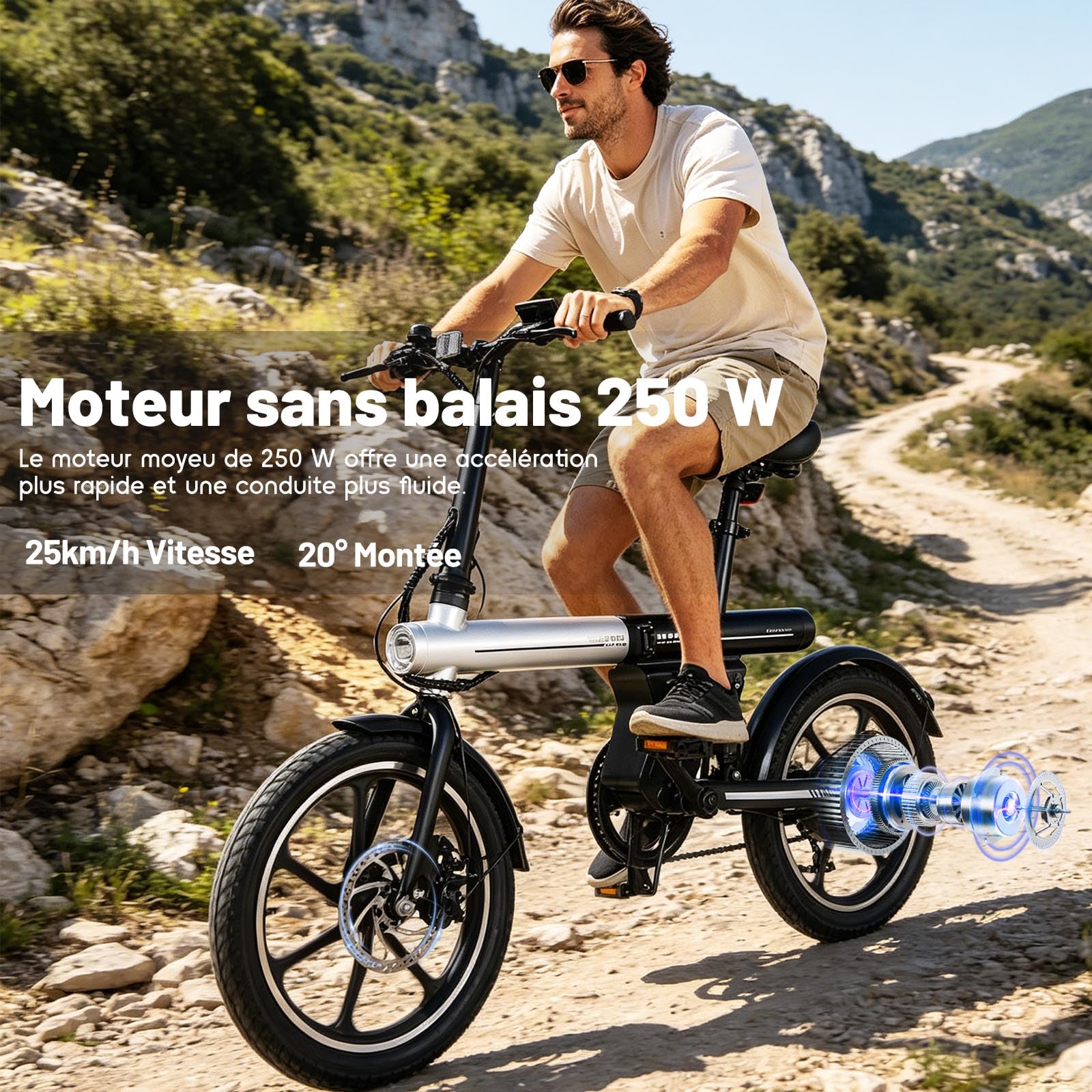 16" Vélo Électrique Adulte Ados - Autonomie 30-50km Velo Electrique Pliable,Ebike VTT Tout-Terrain,36V 12.8Ah Batterie,Double Disque E-Bike,3 Speed Modes Vélo électrique Hommes