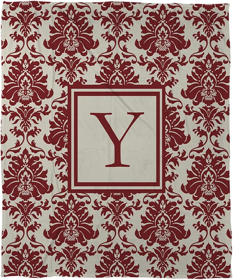 Manual Woodworkers & Weavers Coral Fleece Throw, 60 by 80-Inch, Monogrammed Letter Y, Crimson Damask
