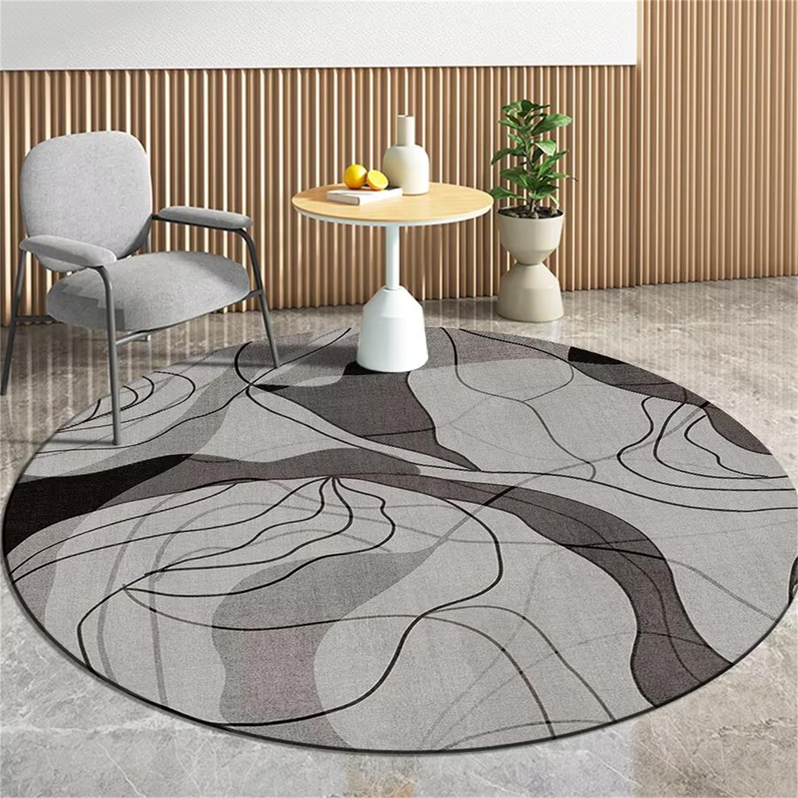 Round Modern Abstract Swirl Area Rug, Round Rug 230cm,Grey & Black Fluid Lines Design Rugs, Non-Slip Washable Low-Pile Carpet for Living Room, Bedroom, Dining Room & Entryway, Contemporary Home Decor