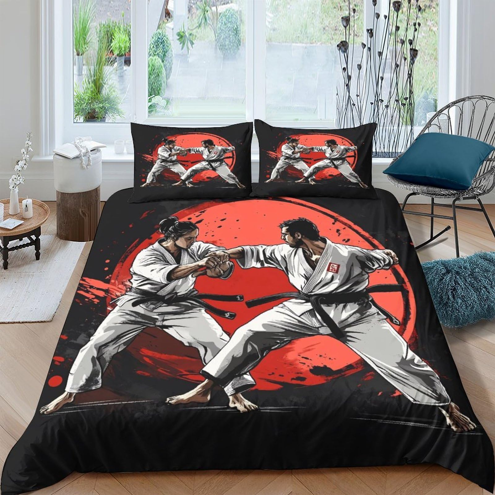 Ctjqhvkz Style-8 3D Printed Karate Martial Arts Fitted Sheet Microfiber Black Red Sun Bed Cover For Bedroom Dorm Mattress Decor Single（135X200cm）