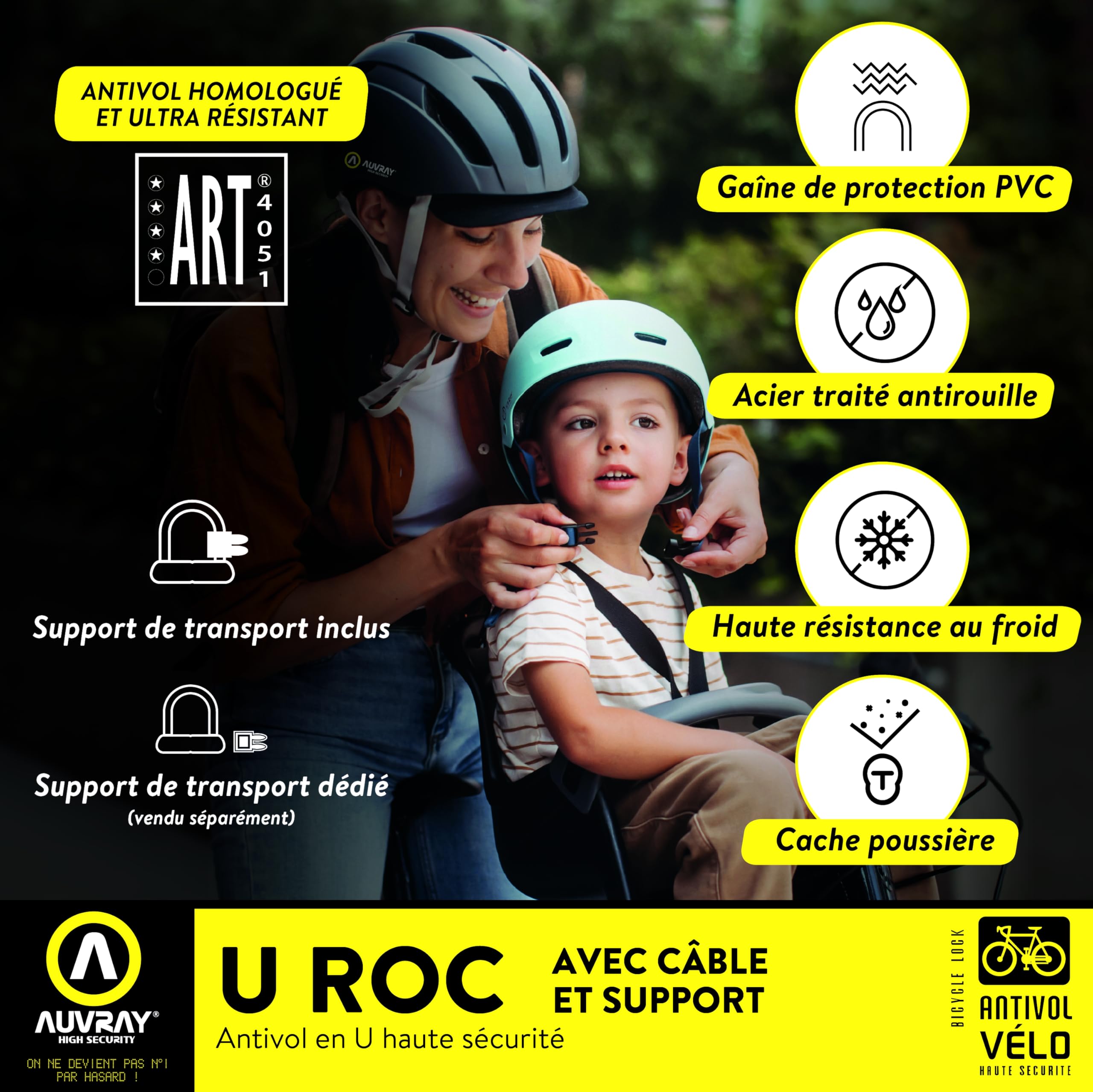 AUVRAY - Antivol vélo U + Cable - Certifié Art - U ROC Art 180 X 245 D.16 + Cable 100 D.12 + Support 2 CLES - Câble Haute Résistance - Facile à Transporter et à Stocker - Haute sécurité