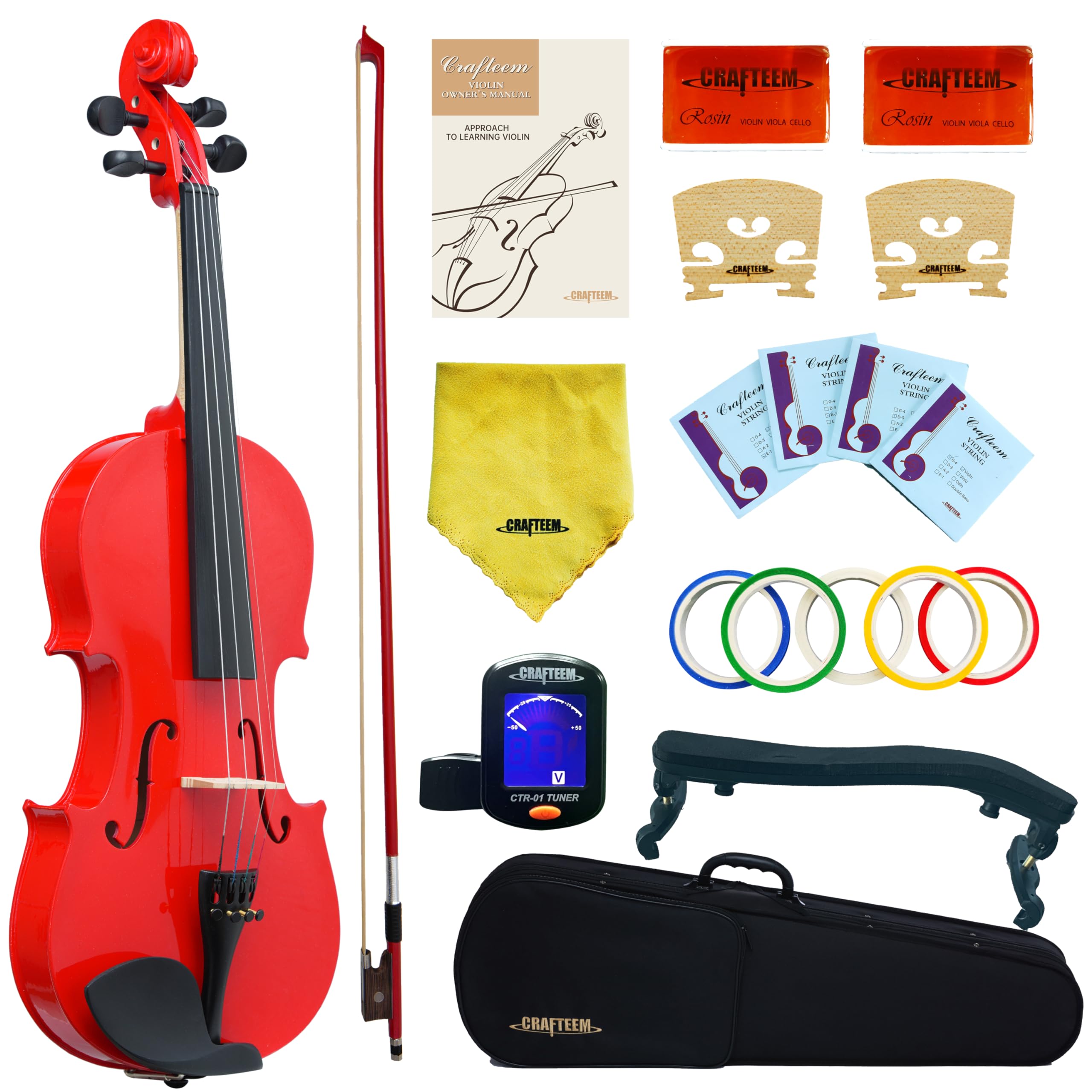 Crafteem 1/2 Geige, rot, Premium-Violinen-Outfit für Anfänger, Erwachsene, Kinder, mit 5 farbigen Griffband, handgefertigt, für Studenten, Anfänger, Violine.