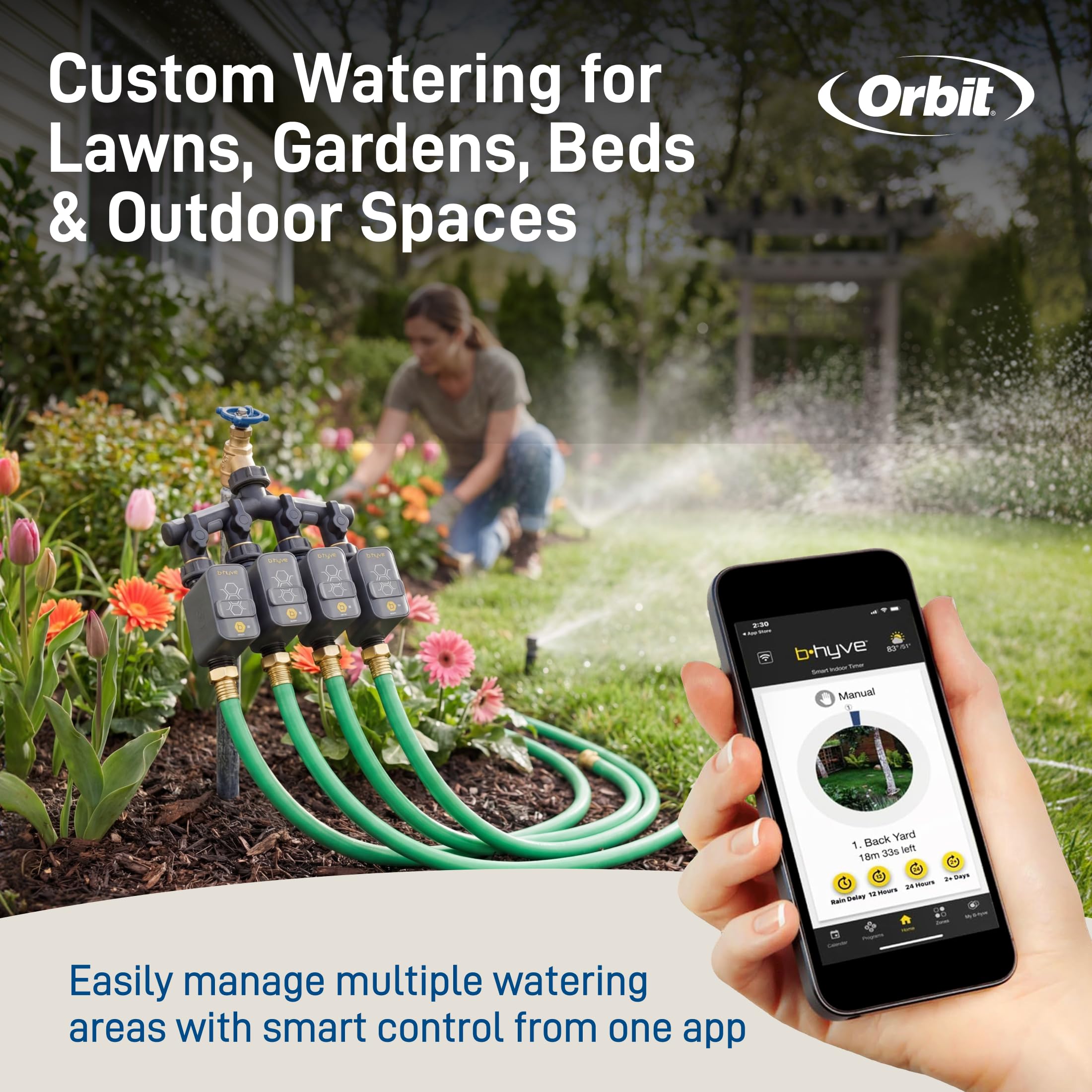 Orbit 21207 B-hyve Gen 2 Smart Hose Irrigazione Timer, confezione da 4 con hub Wi-Fi e collettore a 4 porte