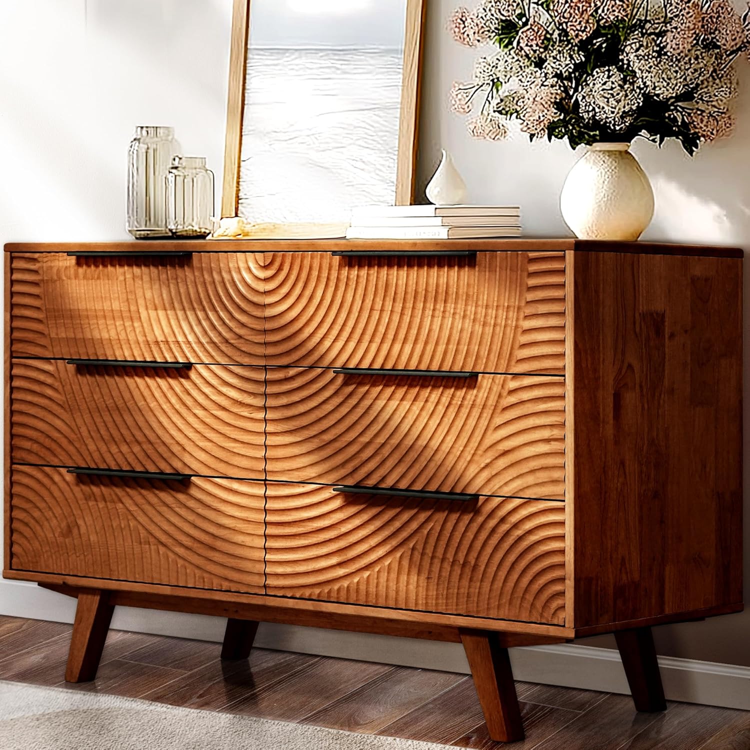 Acacia Harmony 6 Drawer Dresser for Bedroom – Solid Wood Chest of Drawers, 52" Wide Mid Century Modern Dresser, Wood Drawer Organizer for Living Room, Hallway, Entryway, Walnut Finish