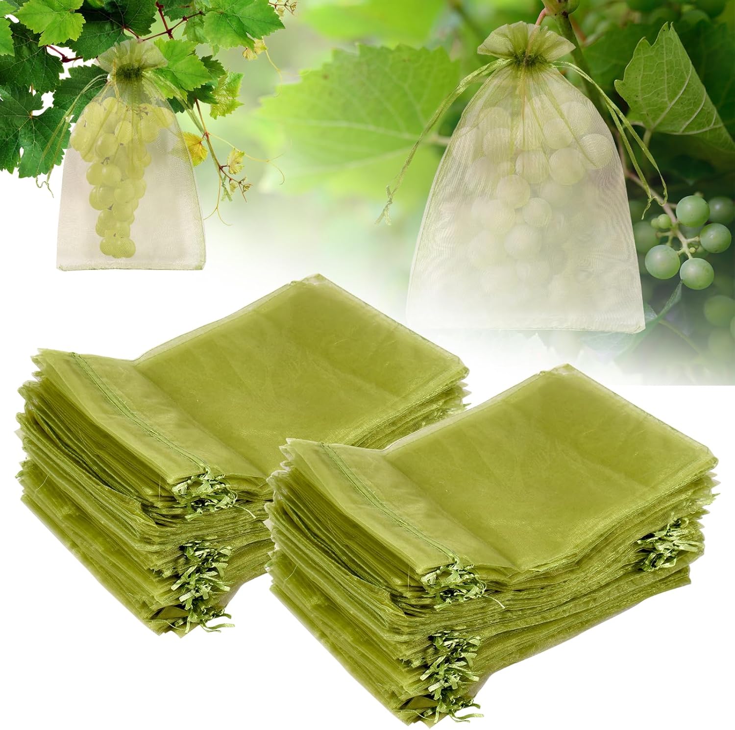 200Pcs Fruit Protection Bags, Fine Mesh Garden Netting Bags with Drawstring, Reusable Organza Fruit Tree Netting Cover for Mango Tomato Apple, Pest Barrier for Vegetables, 6.7 x 9 in, Green