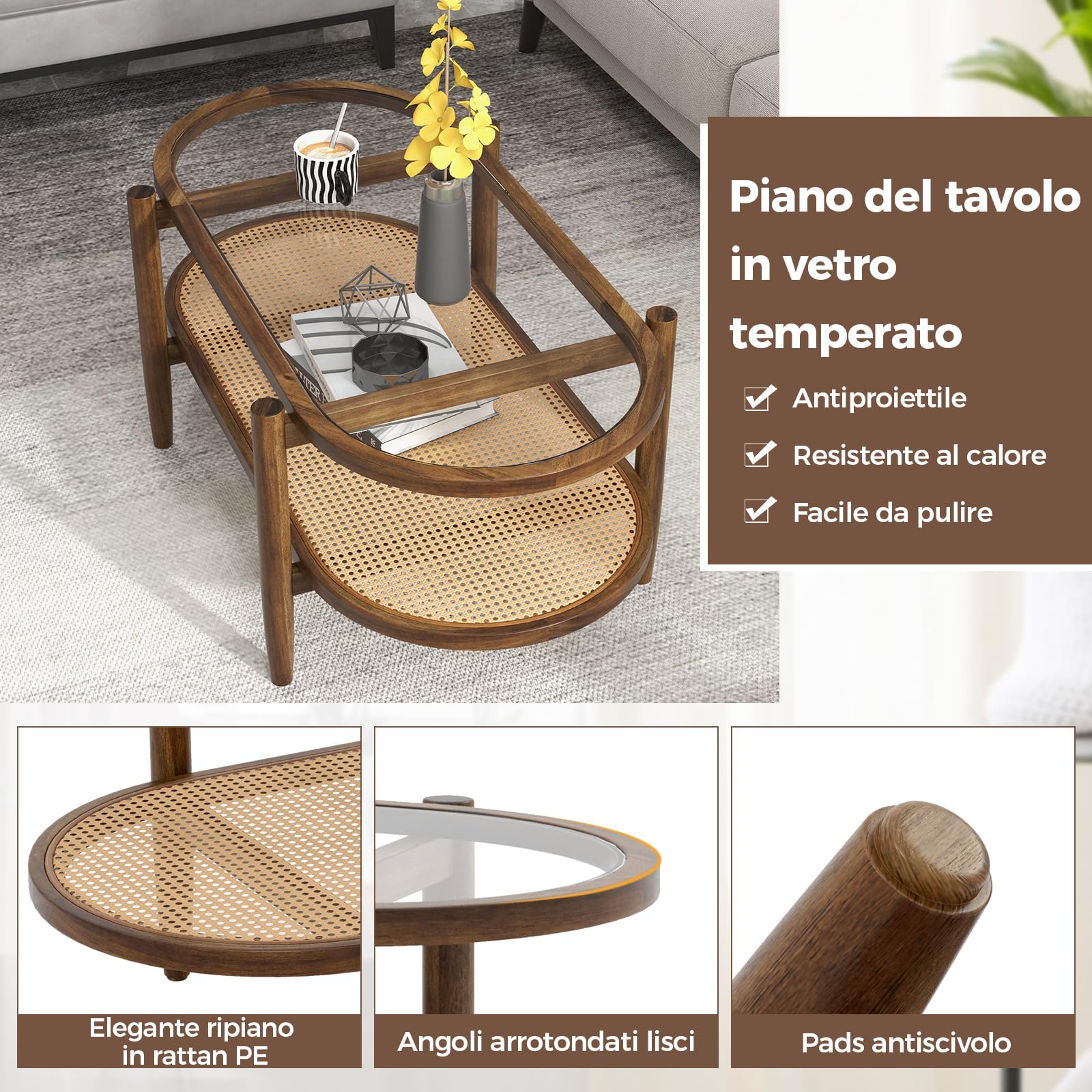 COSTWAY Tavolino da Salotto in Legno Massello e Vetro, Tavolino Basso a 2 Piani con Spazio di Archiviazione, Tavolo Ovale Elegante per Soggiorno e Ufficio (Marrone)