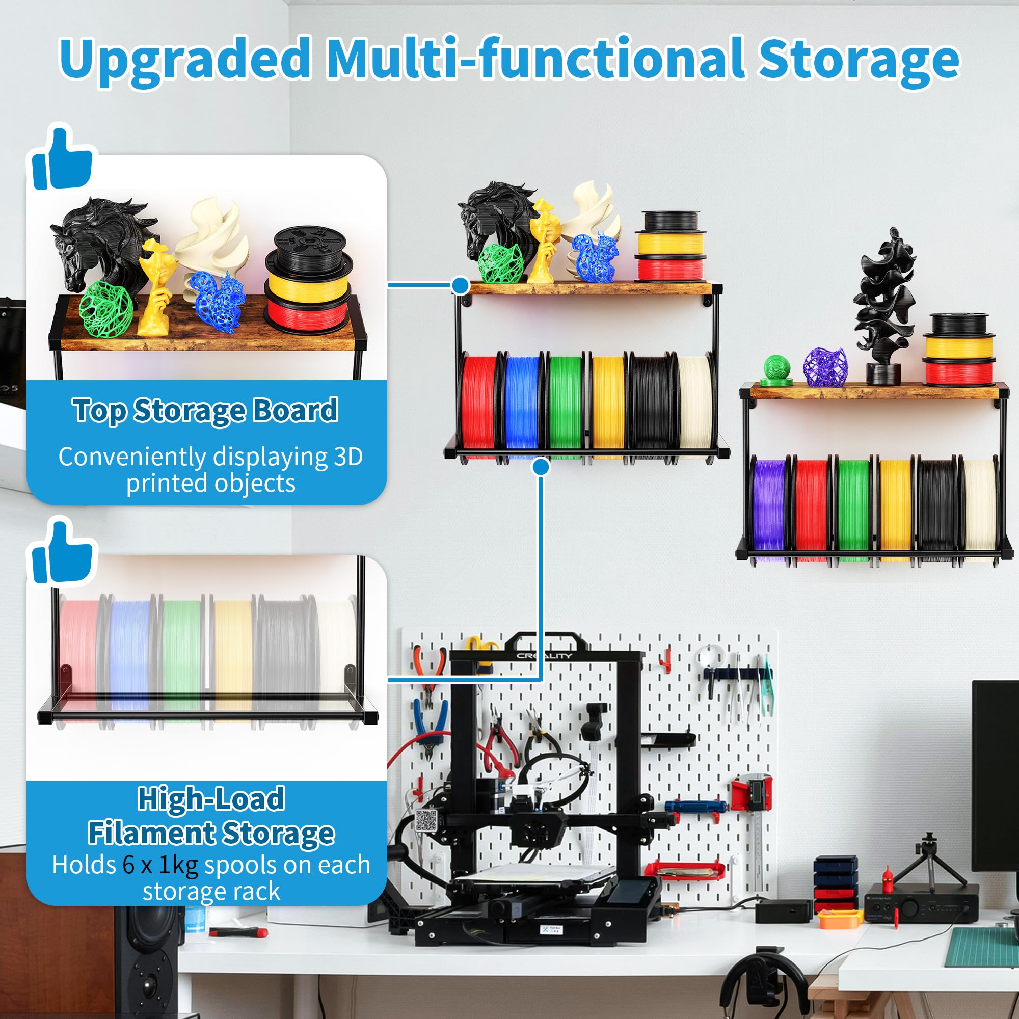 Lot de 2 supports de rangement muraux pour filament d'imprimante 3D, support mural de bobine de filament, étagère de rangement en métal robuste pour studio d'impression 3D, atelier