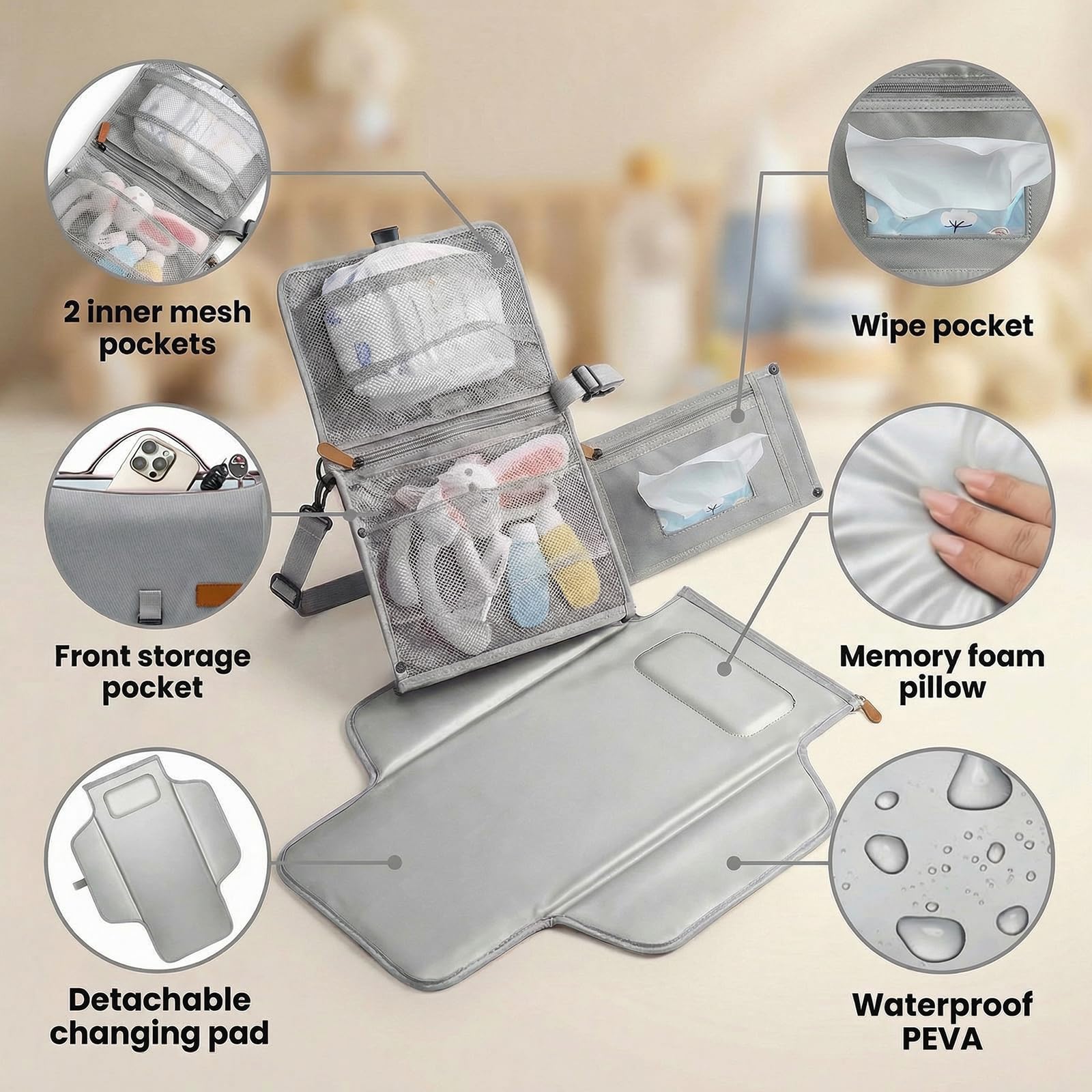 UBRAVOO Fasciatoio portatile – Borsa da viaggio con tasca per salviettine, design intelligente, kit da viaggio per bambini, regalo per neonati e ragazzi (grigio)