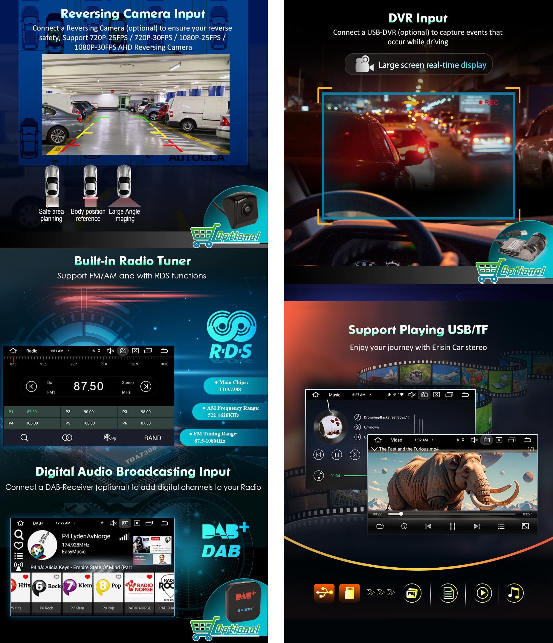 Erisin 7 Pollici 8-Core 4GB+64GB Autoradio 2 Din Android 14 GPS Navigatore per AUDI A3 S3 RS3 RNSE-PU Supporto Bluetooth 5.0 CarPlay Android Auto WiFi 4G DSP DAB+ USB FM Radio RDS OBD2 Canbus TPMS