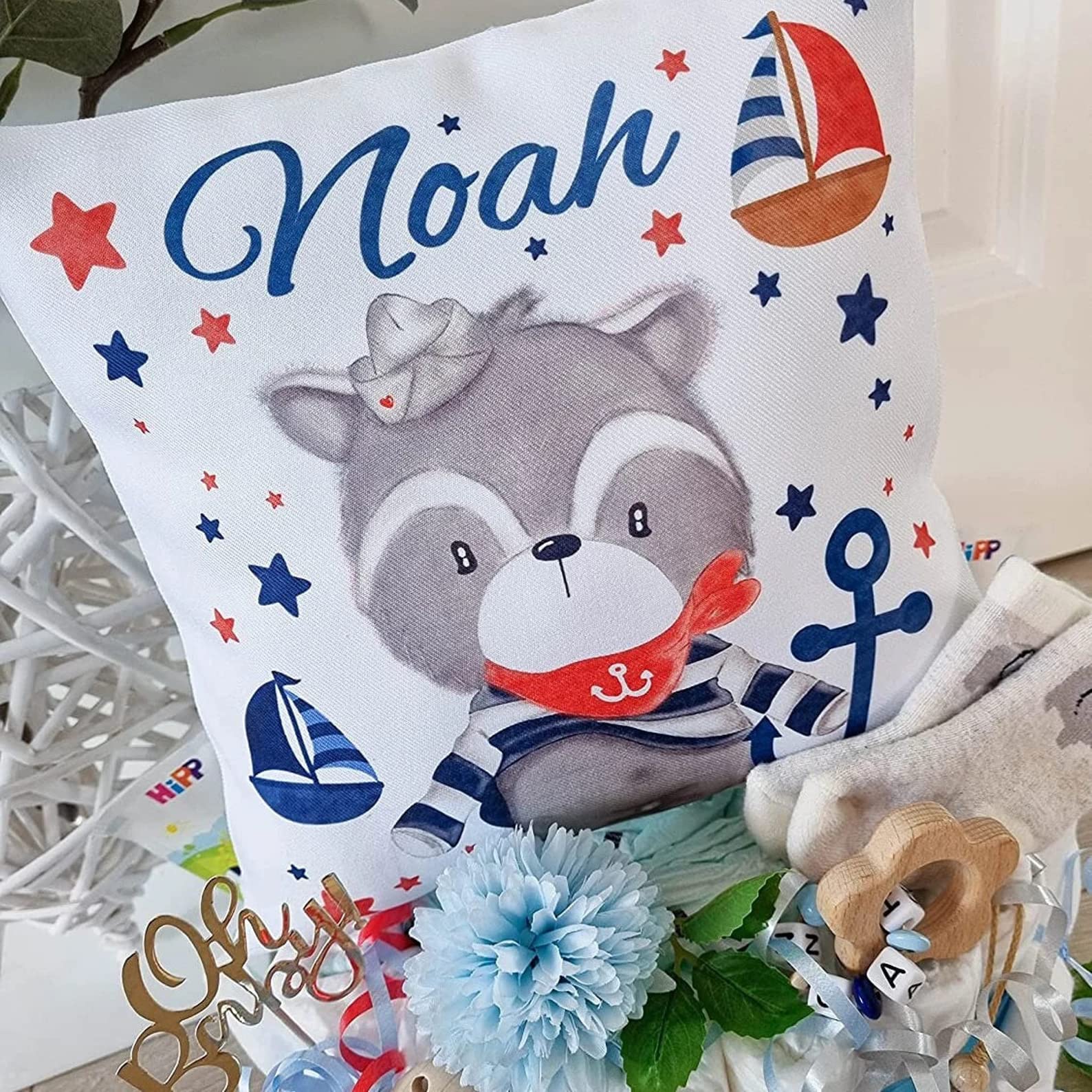 Windeltorte mit Name - Kuschelkissen Waschbär Maritim I Geschenk, Babyparty, Geburt oder Taufe + gratis Grußkärtchen