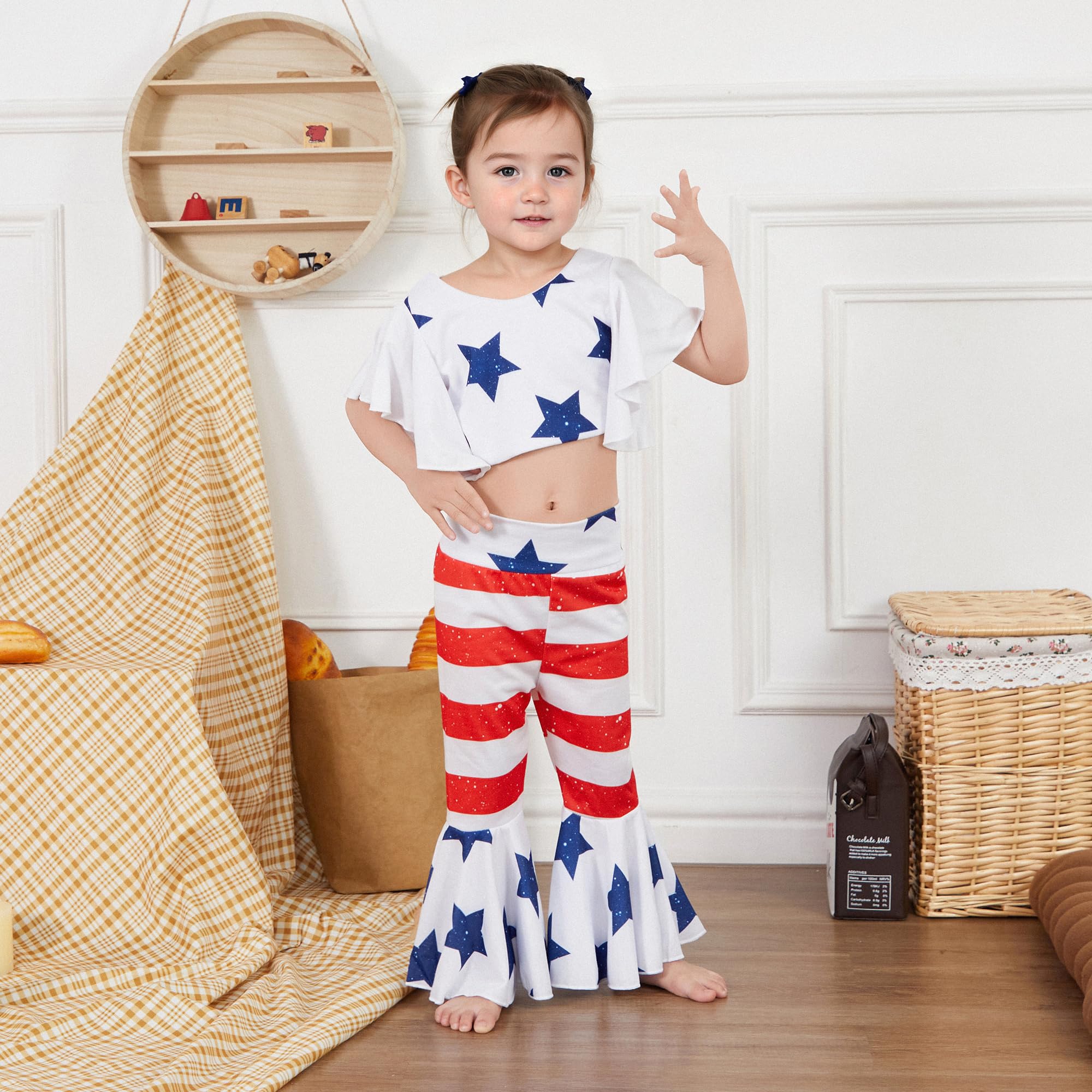 Gueuusu Toddler Girl 4th of July Clothes Fly Sleeve Stars Print Tank Top Striped Flare Pants Infant Independence Day Outfit (Red, 12-18 Months)