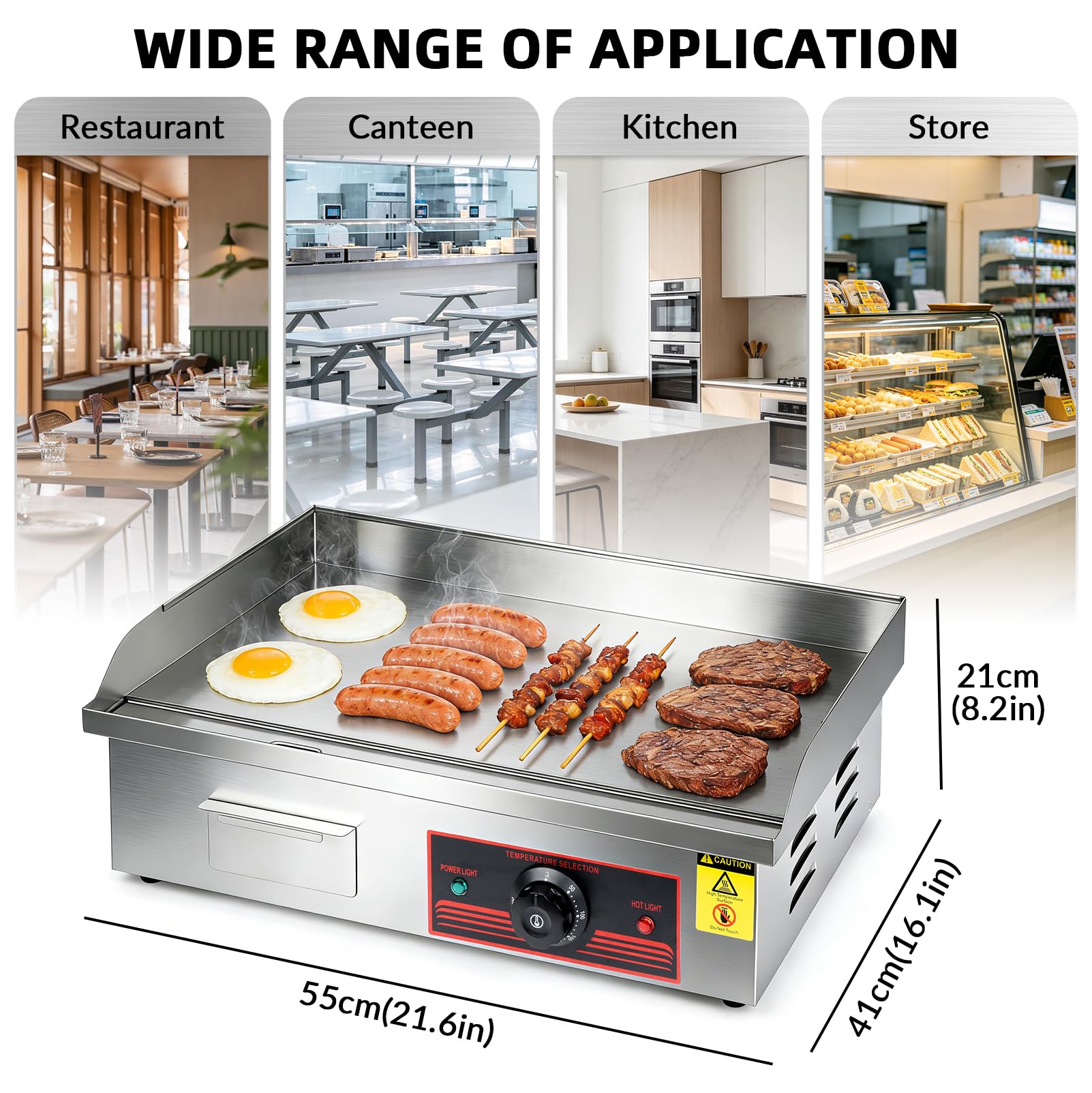 Plaque de cuisson électrique professionnelle 3000 W, 55 x 41 cm | Acier inoxydable, Surface de cuisson plate, Température 50-300 °C, Usage commercial